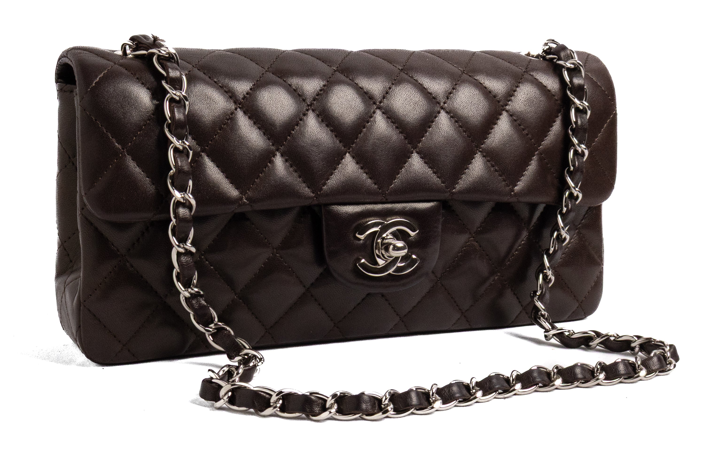 Chanel East West Classic Flap Dark Brown Chocolate with silver hardware