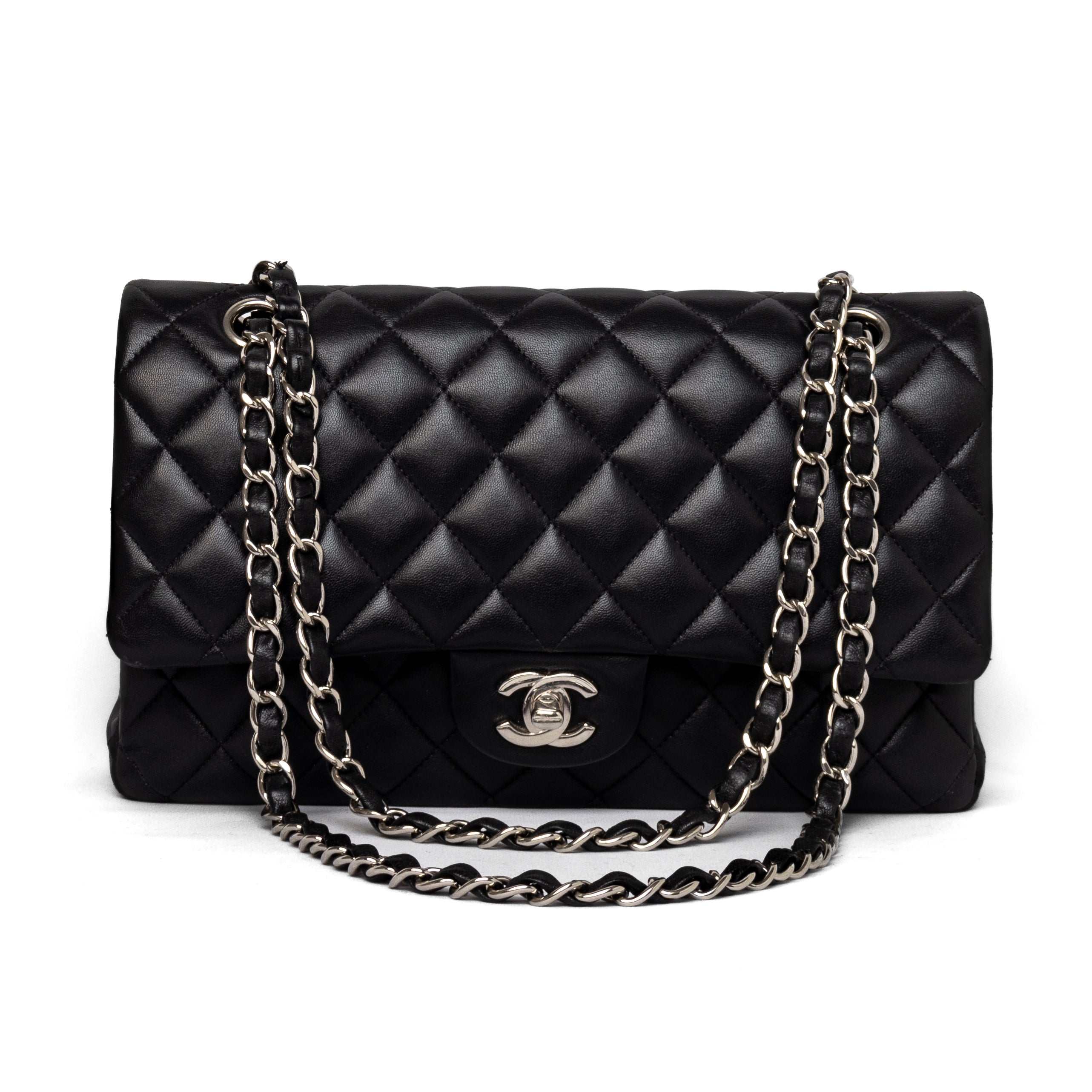 Chanel medium classic double flap black lambskin silver hardware