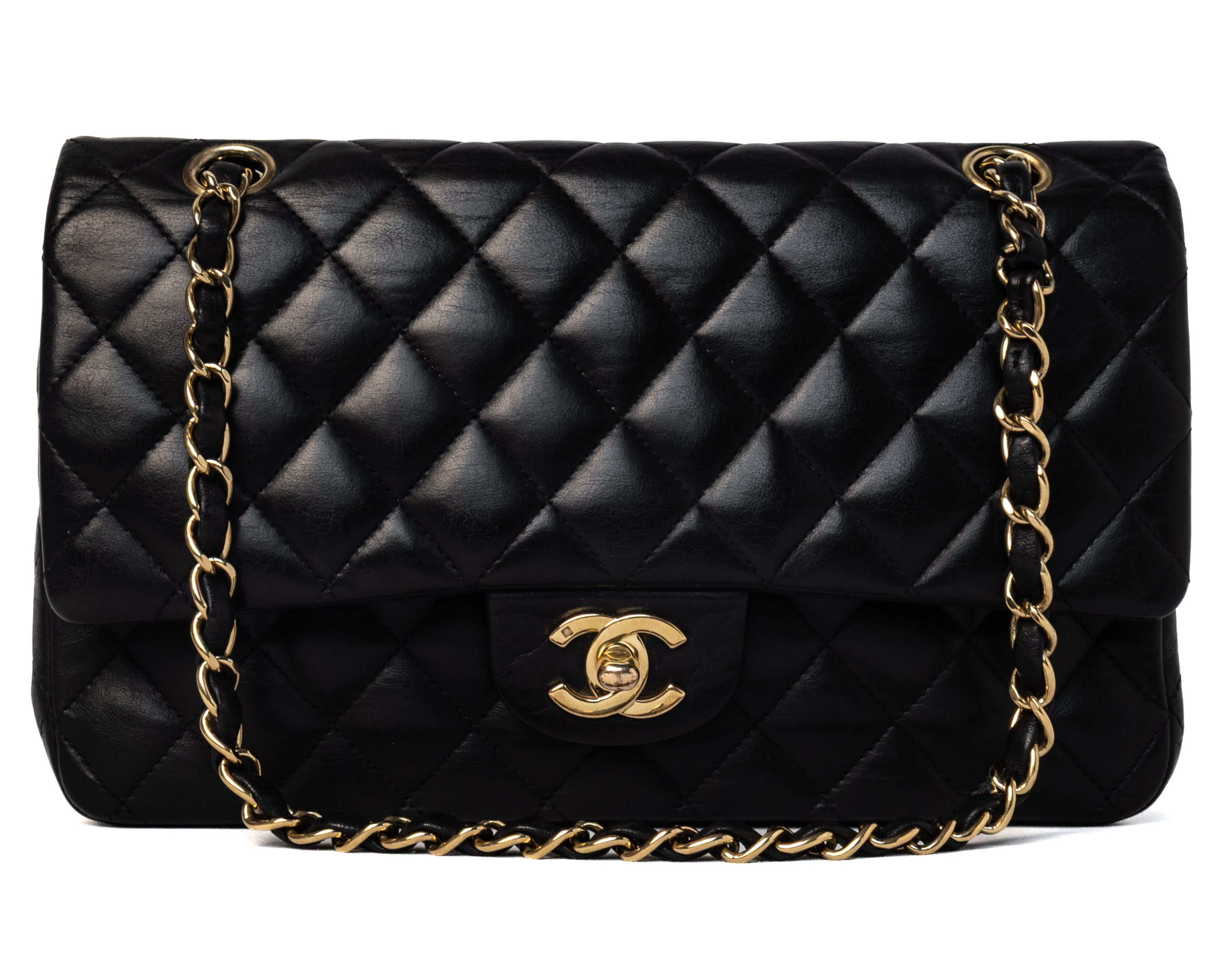 Chanel medium classic double flap bag 24K goud hardware black lambskin vintage