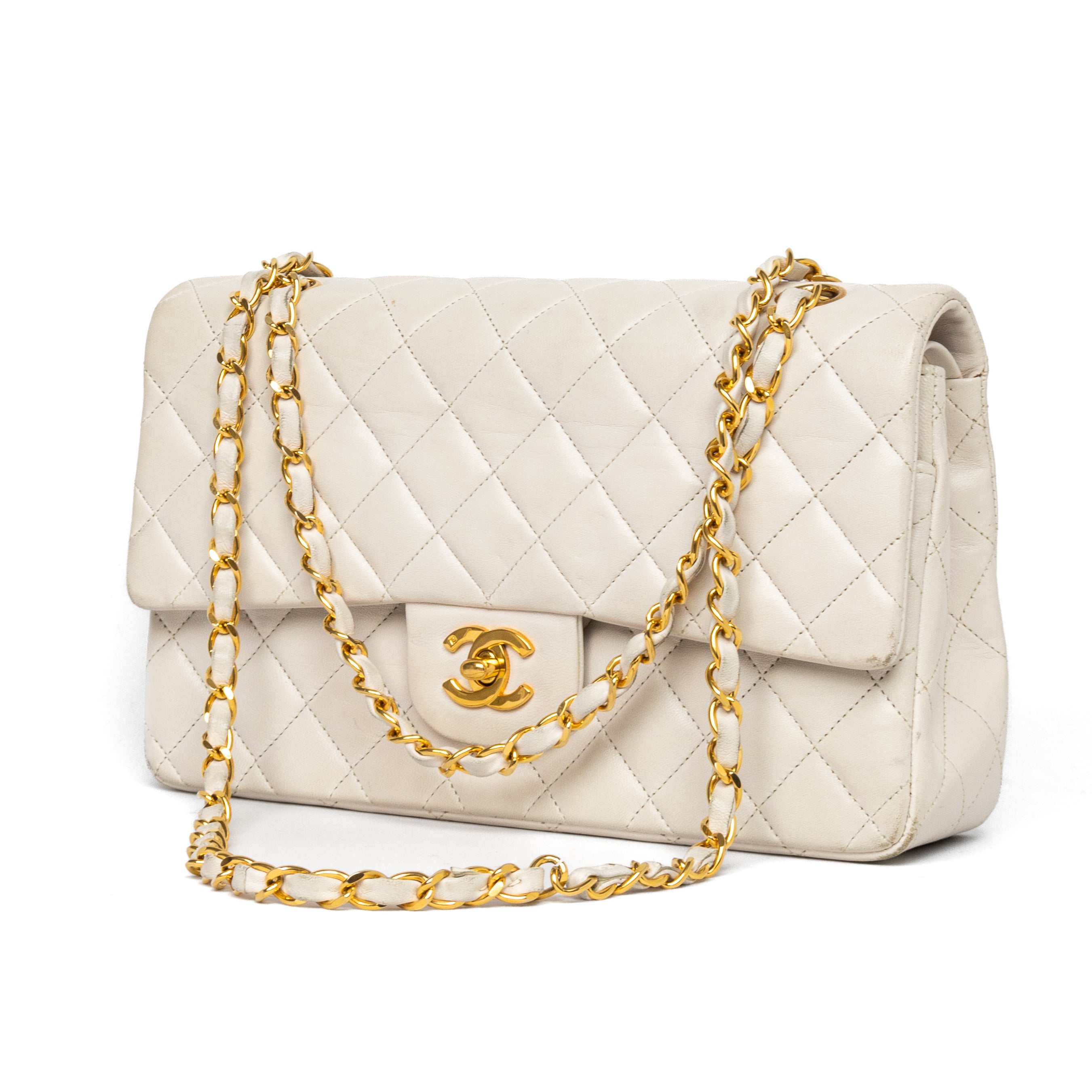Chanel medium classic double flat off-white ivory 24k goud hardware vintage gold authentic