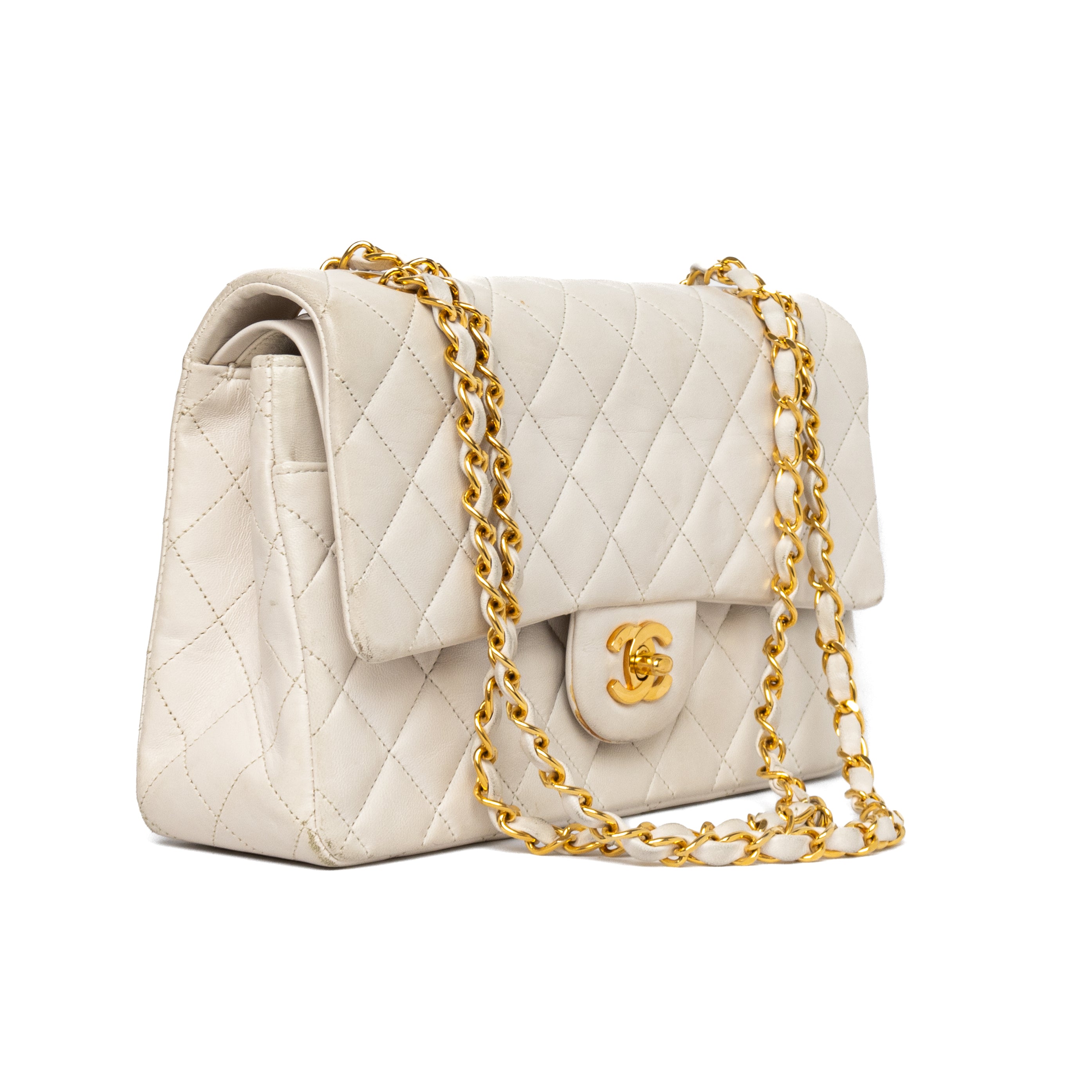 Chanel medium classic double flat off-white ivory 24k goud hardware vintage gold authentic