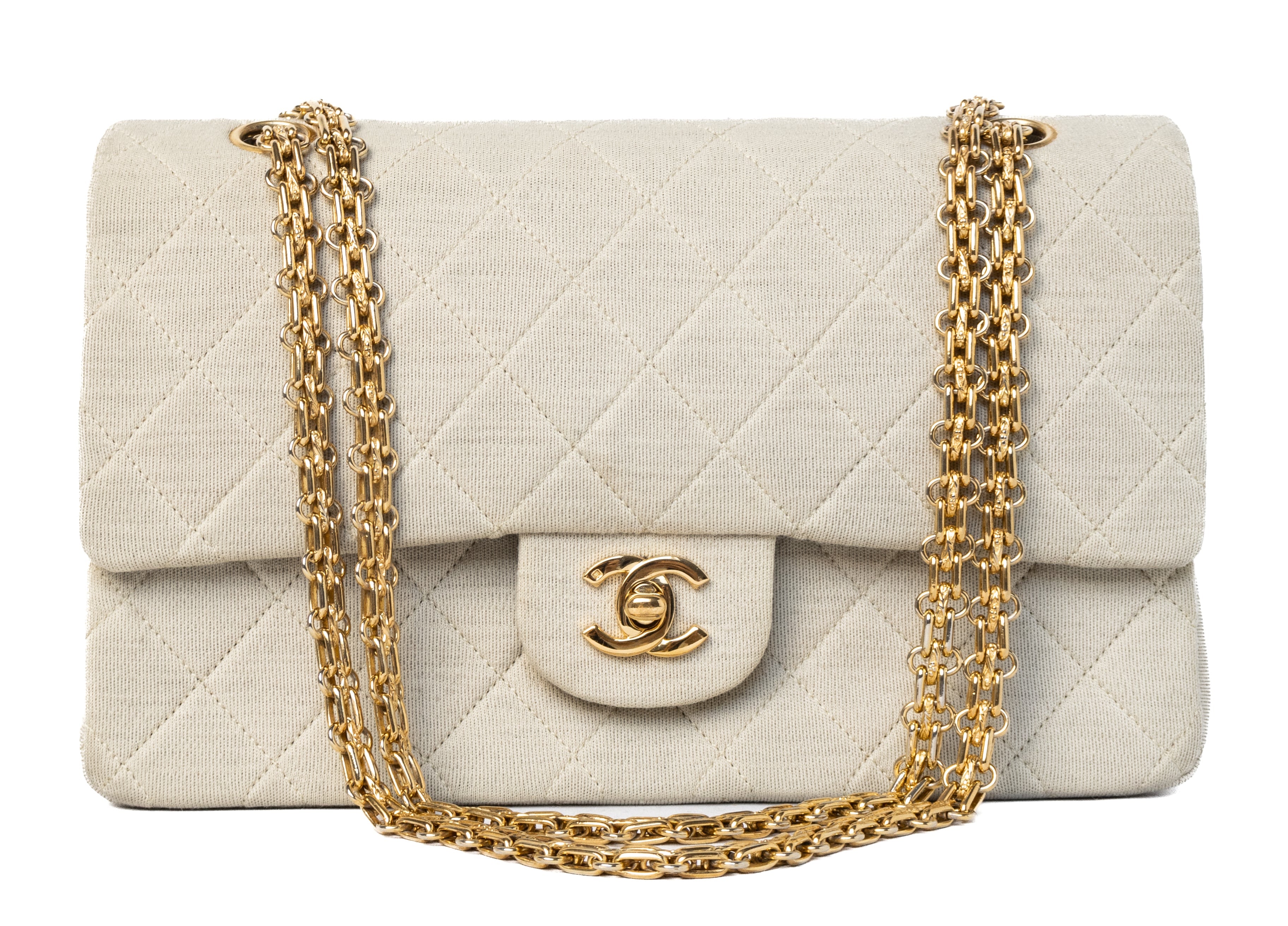 vintage chanel classic flap ivory cotton with gold hardware
