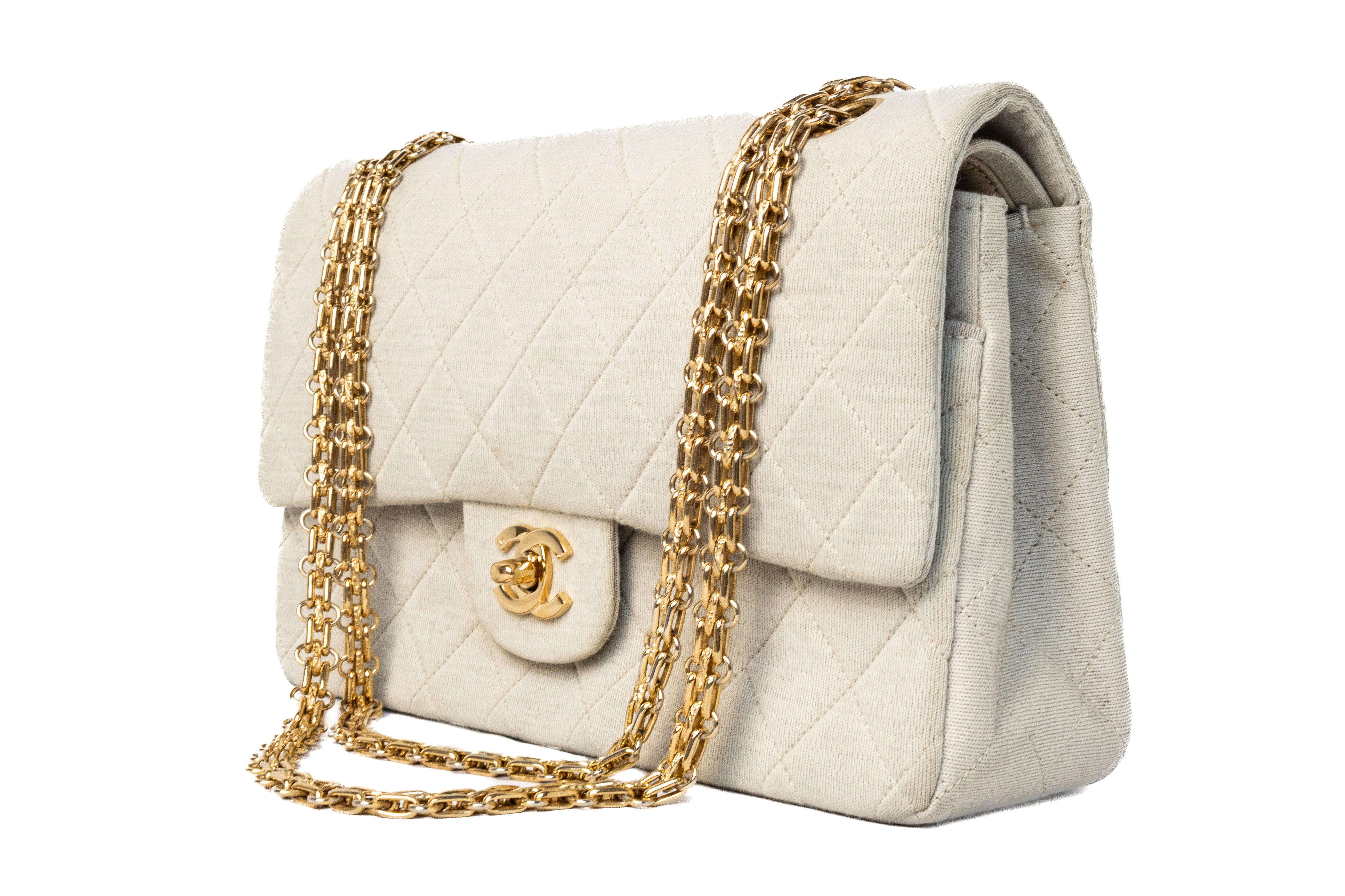 vintage chanel classic flap ivory cotton with gold hardware