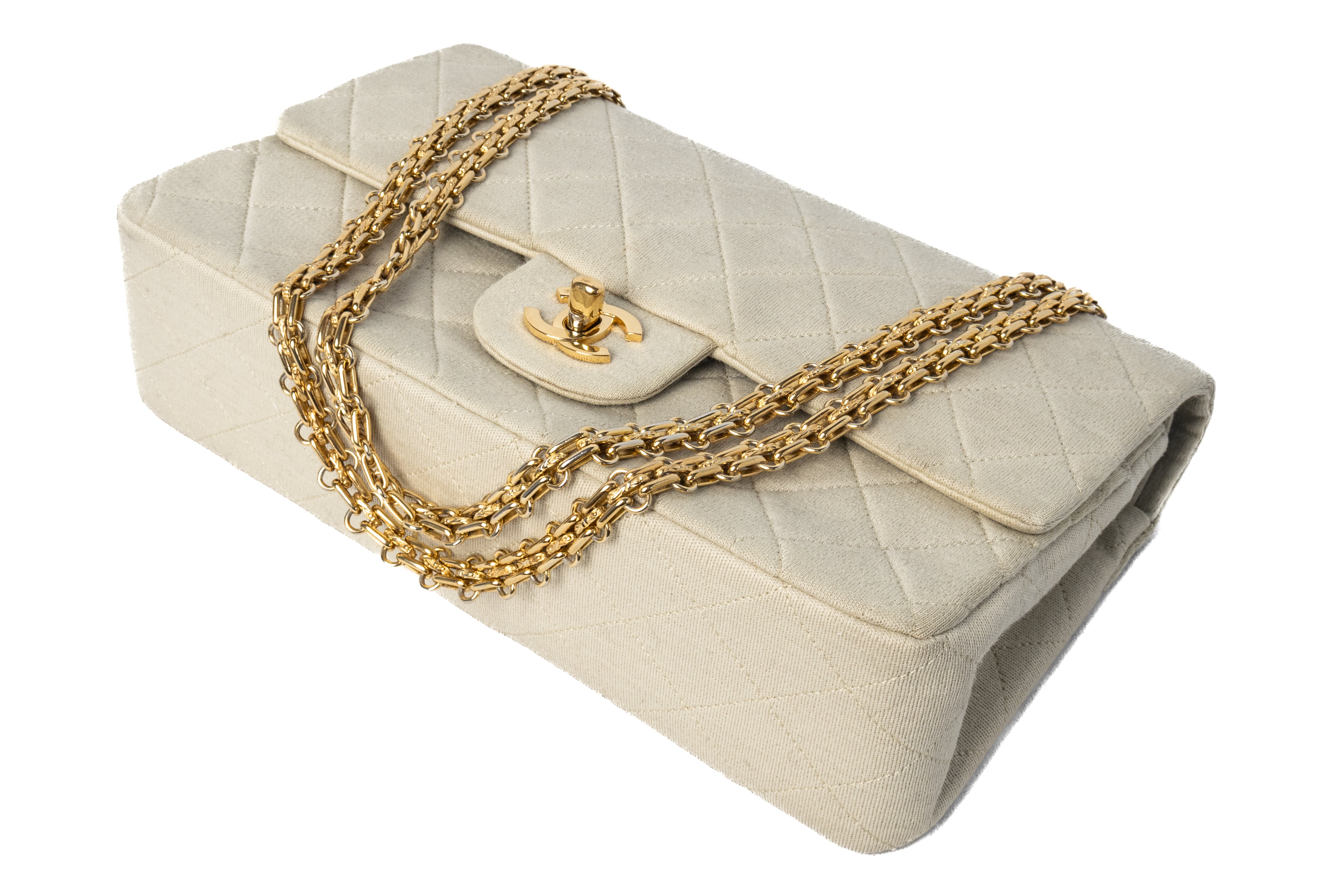 vintage chanel classic flap ivory cotton with gold hardware