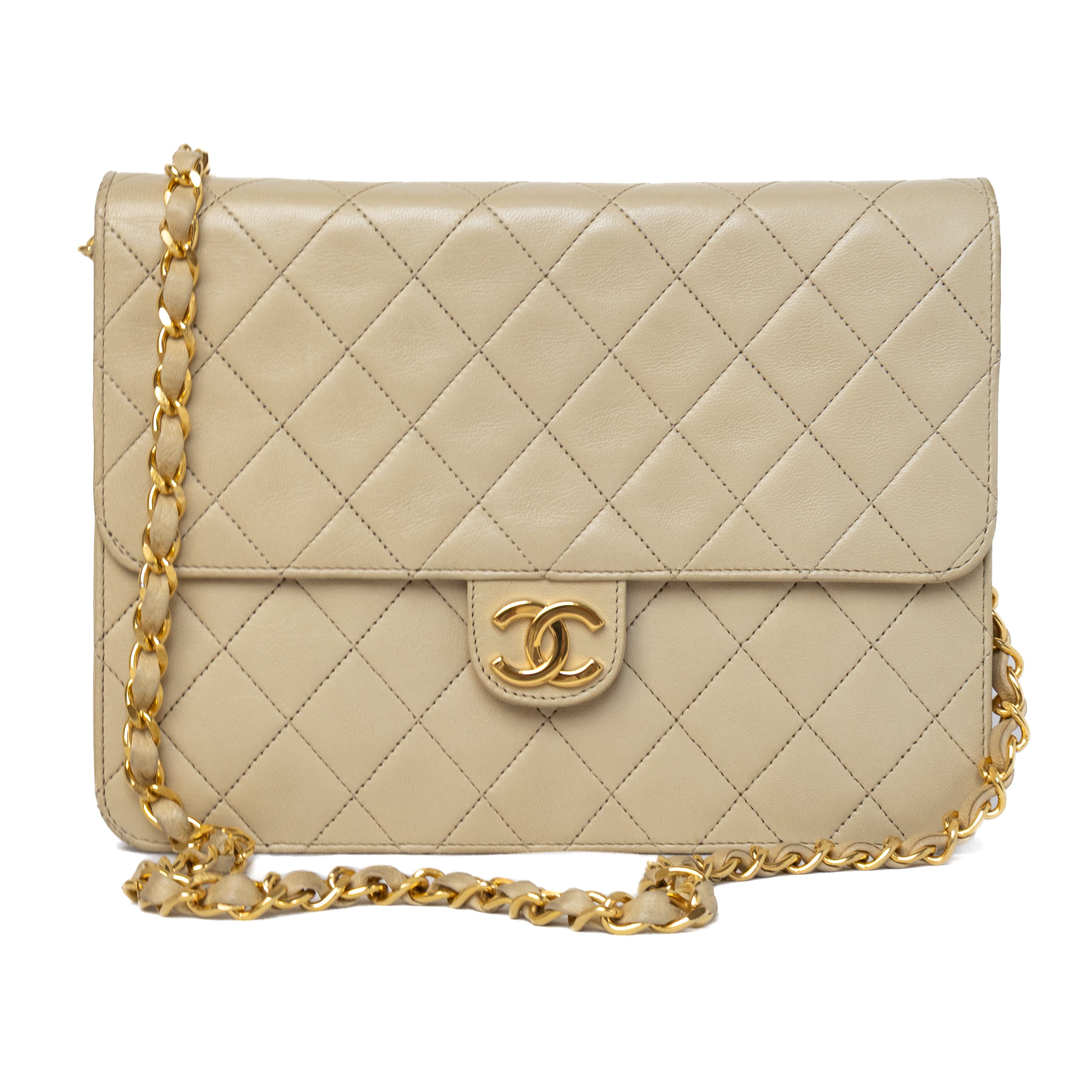 Chanel push lock single flap vintage authentic 24K gold hardware beige lambskin