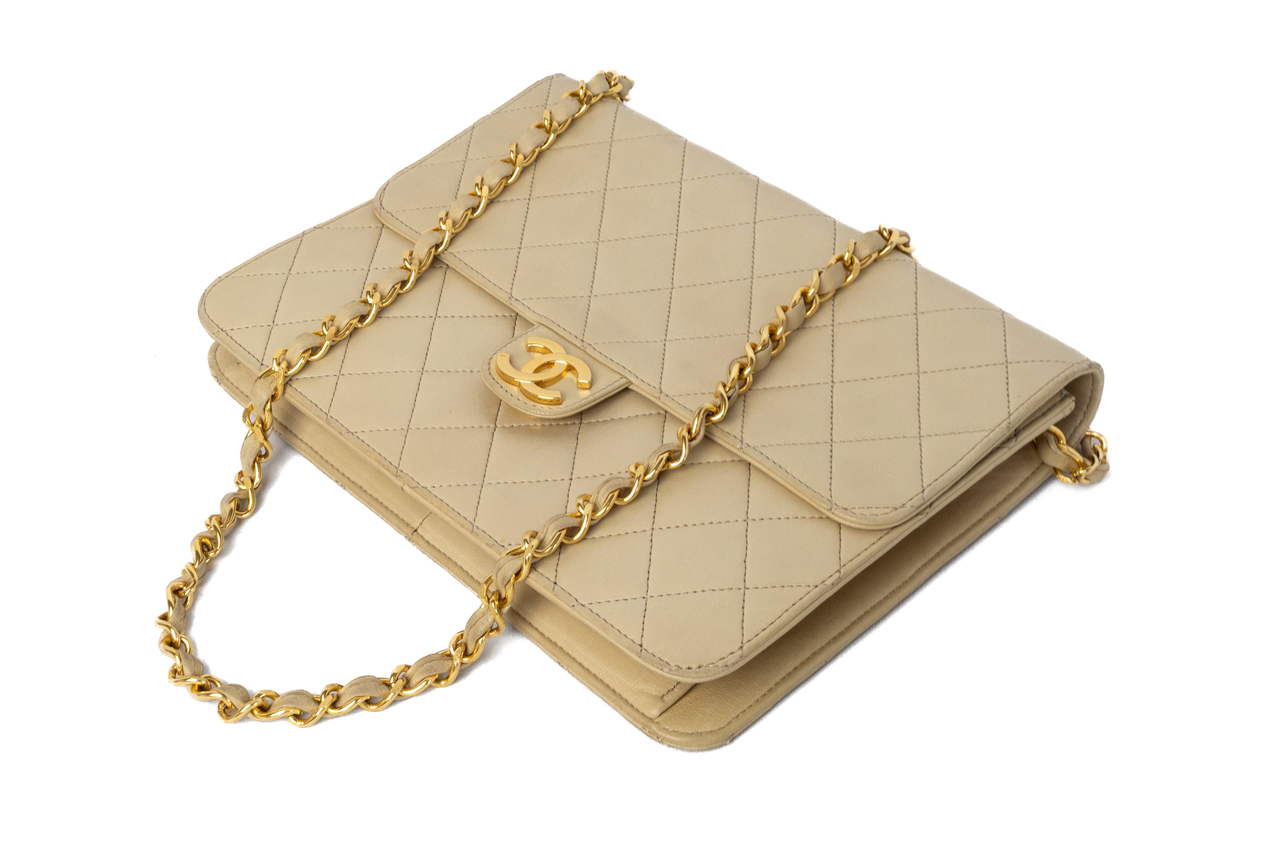 Chanel push lock single flap vintage authentic 24K gold hardware beige lambskin