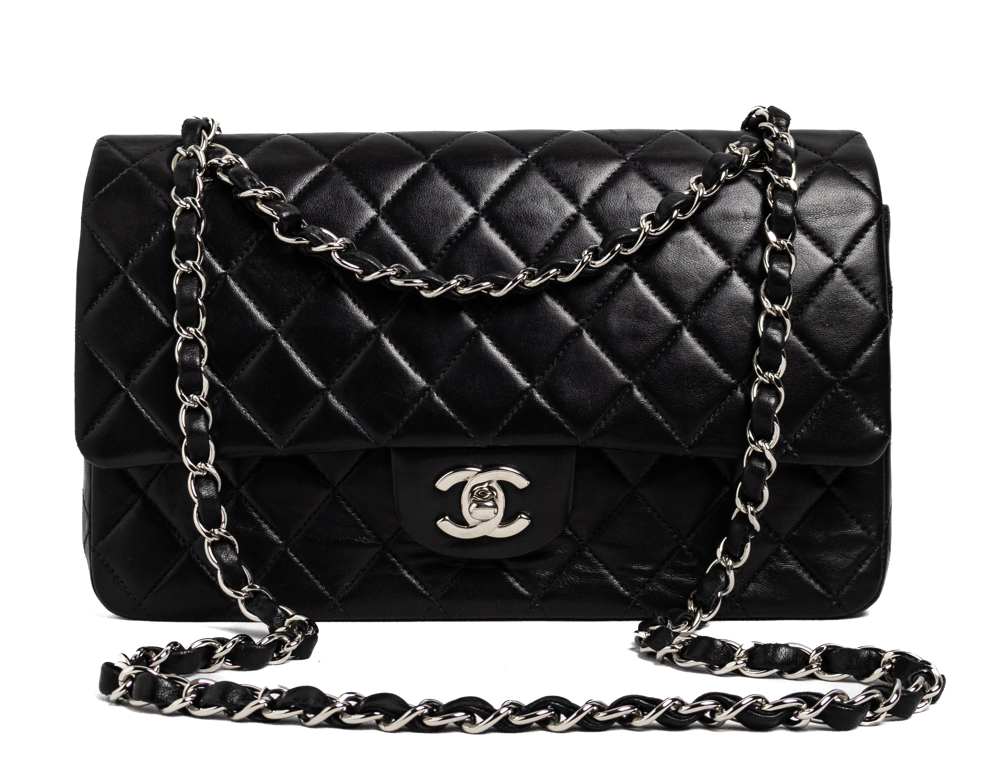 Chanel medium classic flap black lamskin silver hardware