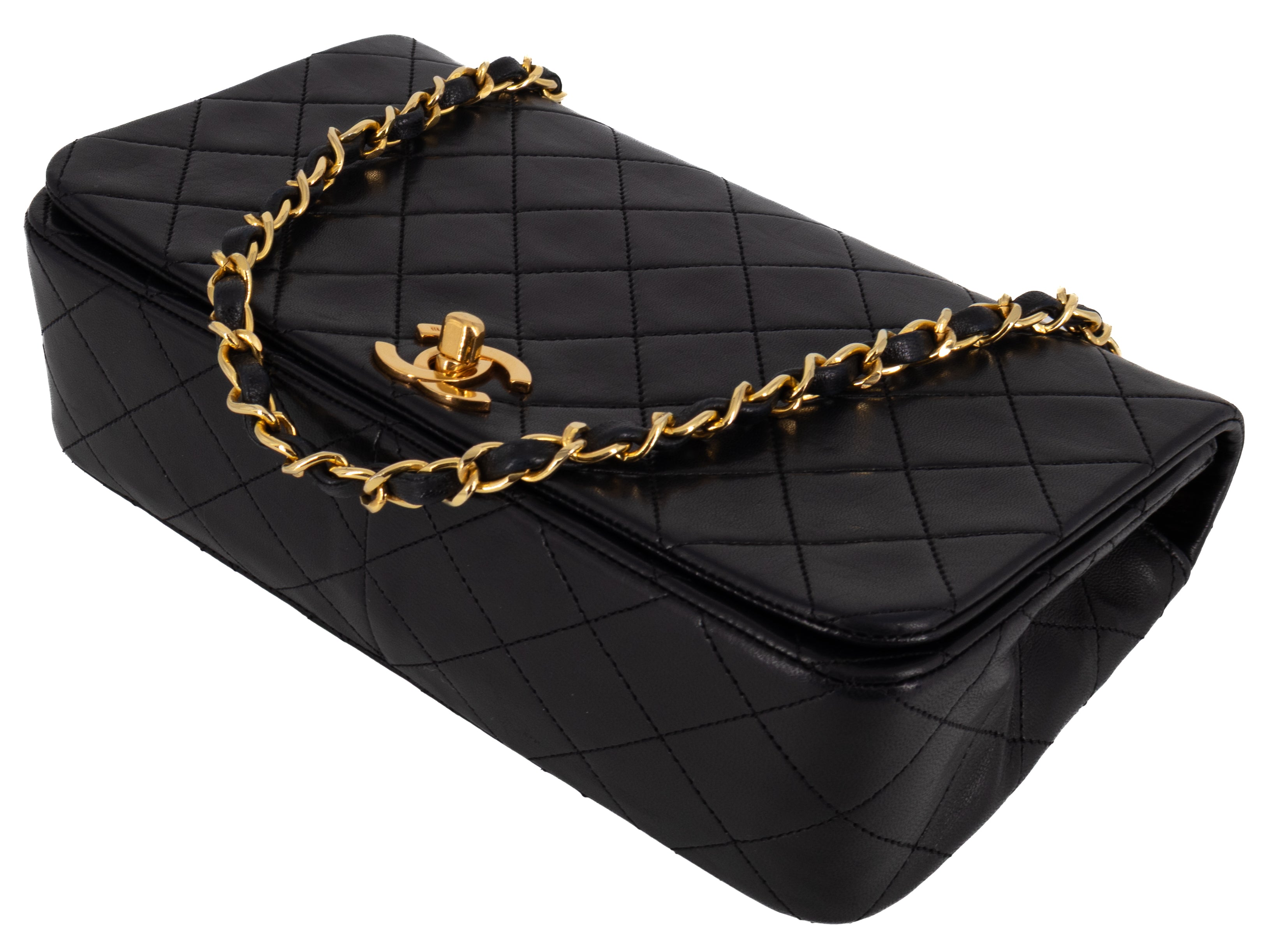 Chanel Full Flap Turn Lock Zwart Lamsleer Goud Hardware
