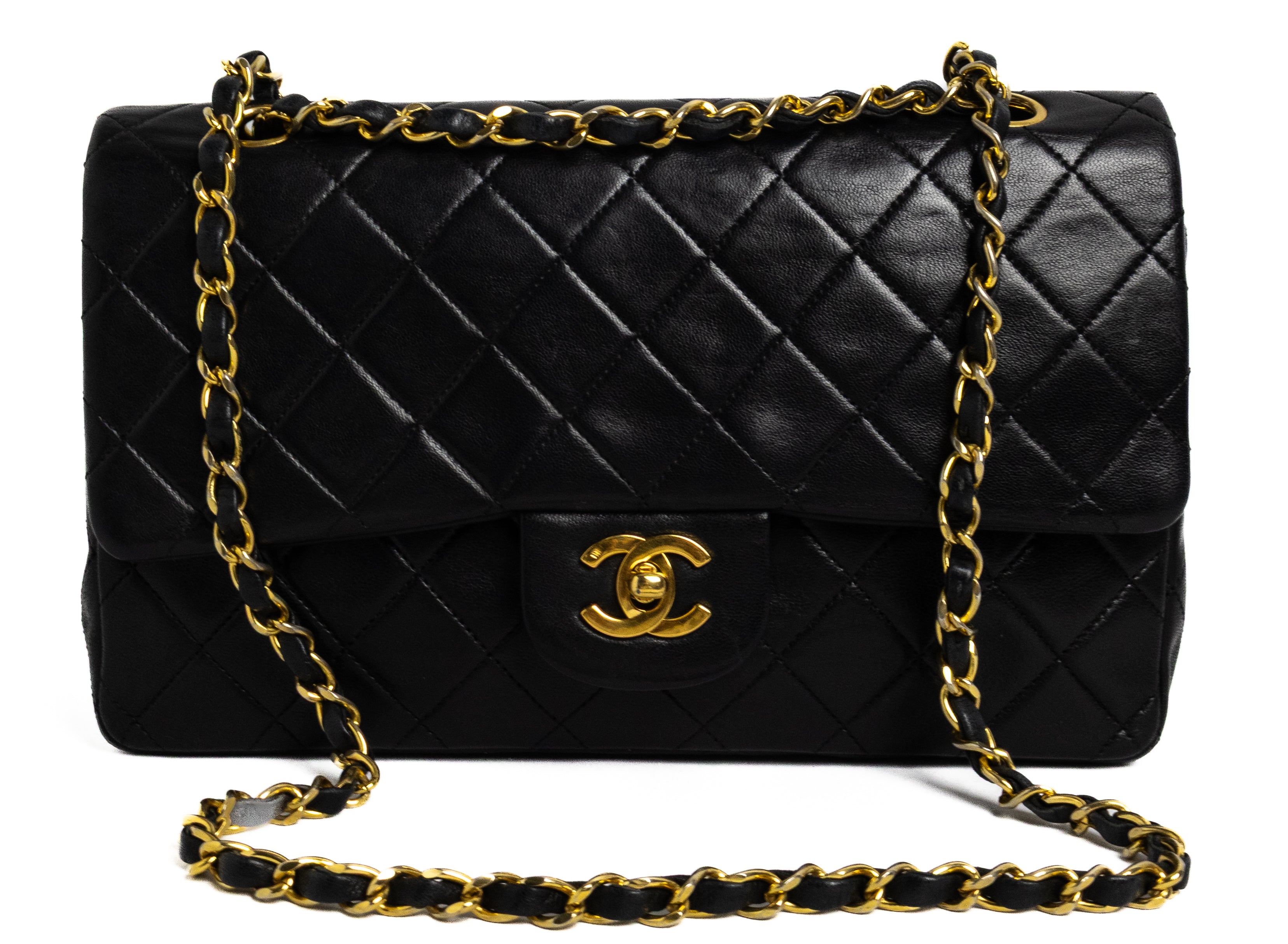 vintage Chanel Small Classic Flap zwart met 24K goud lamsleer hardware