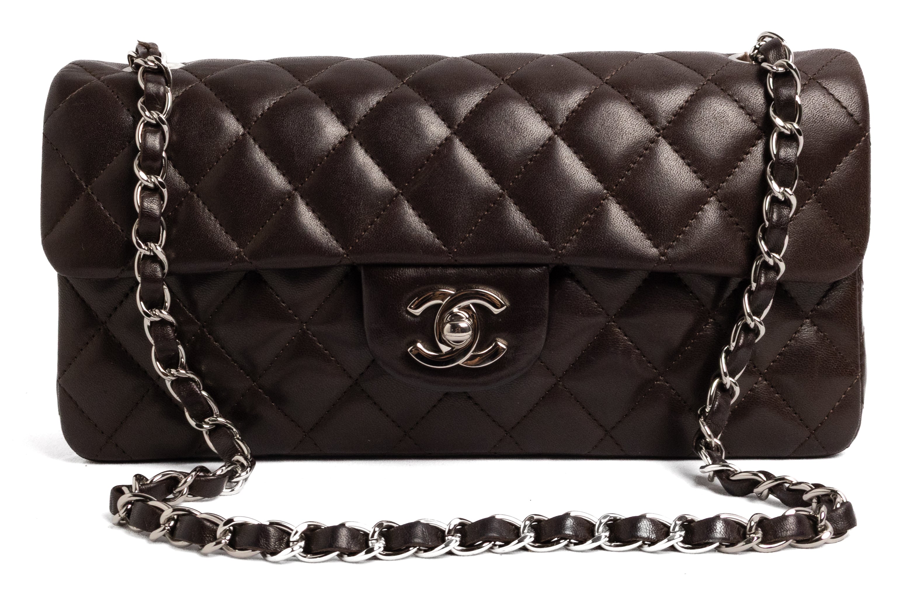 Chanel East West Classic Flap Dark Brown Chocolate with silver hardware