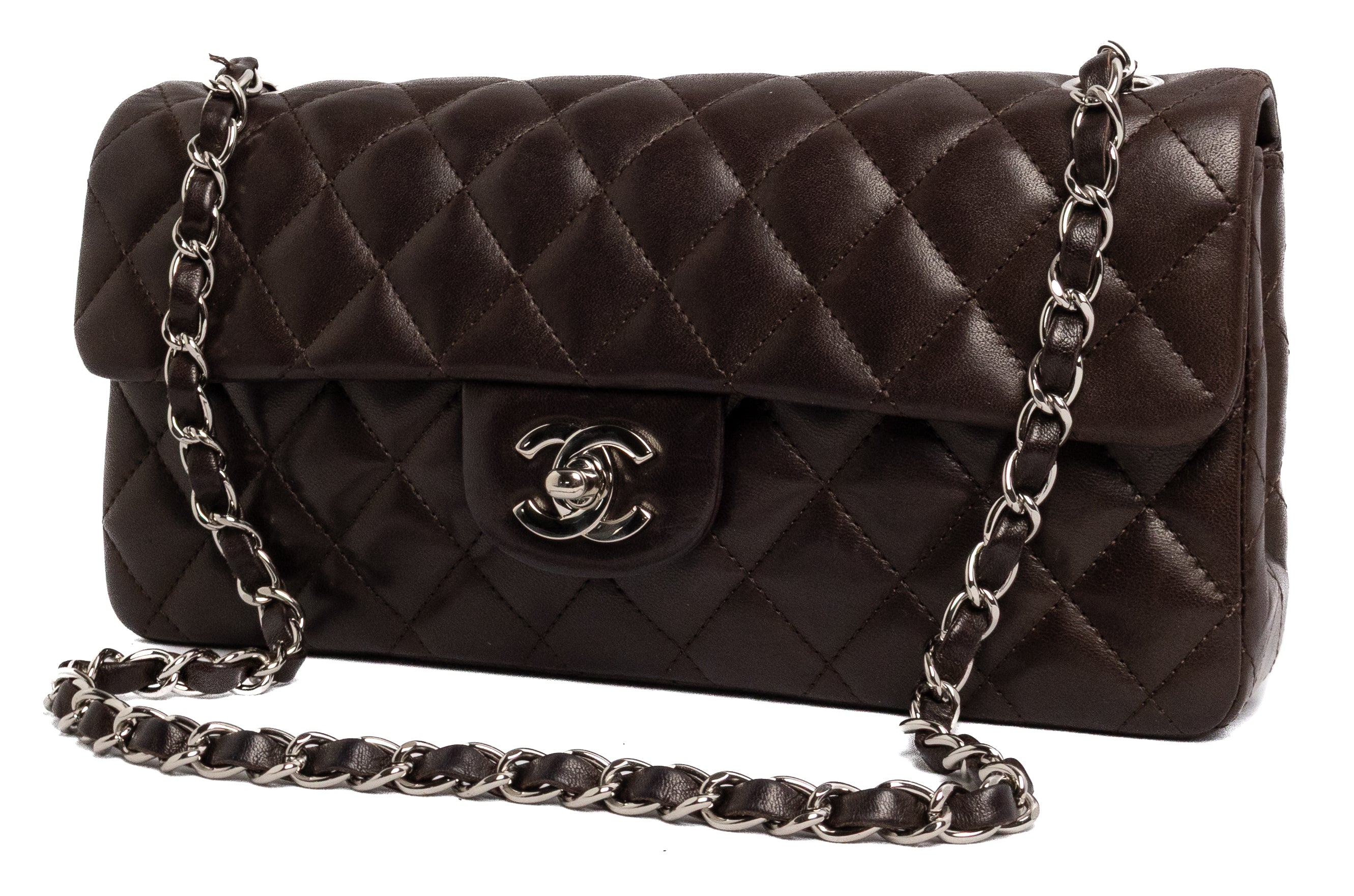 Chanel East West Classic Flap Dark Brown Chocolate with silver hardware