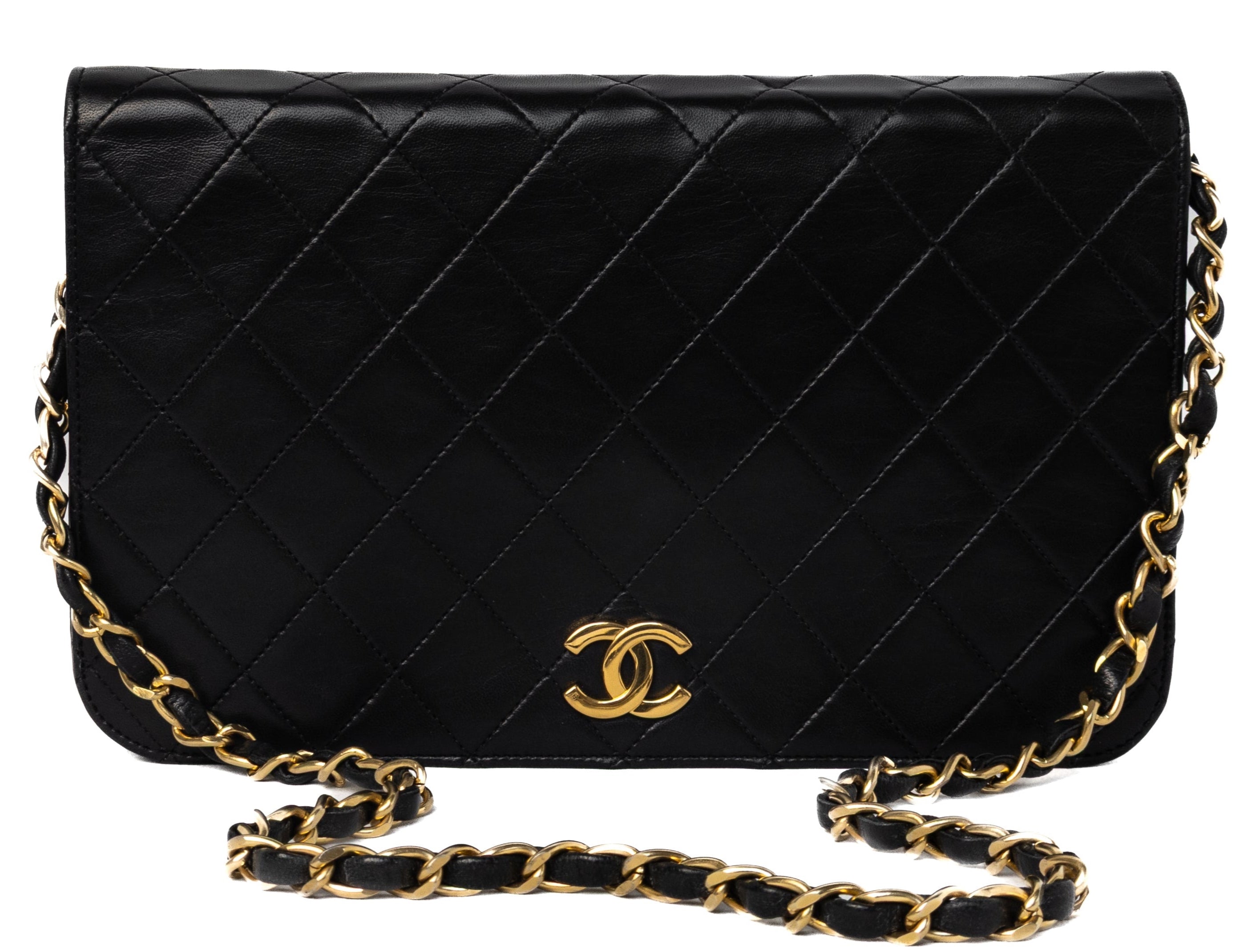 Chanel full flap push lock black lambskin 24K gold hardware vintage authentic