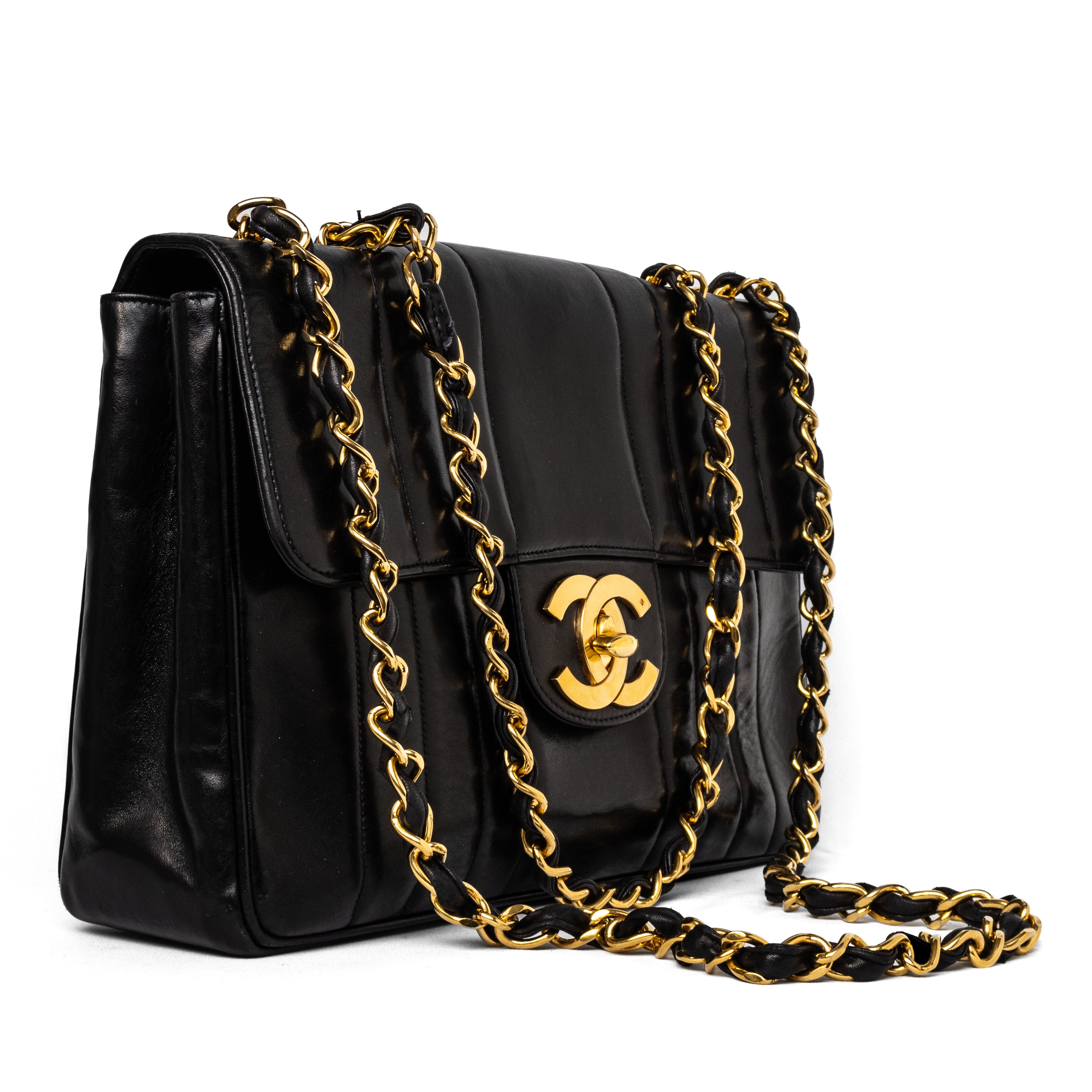 Chanel vintage Jumbo Bag black lambskin 24K gold hardware vertical stripes