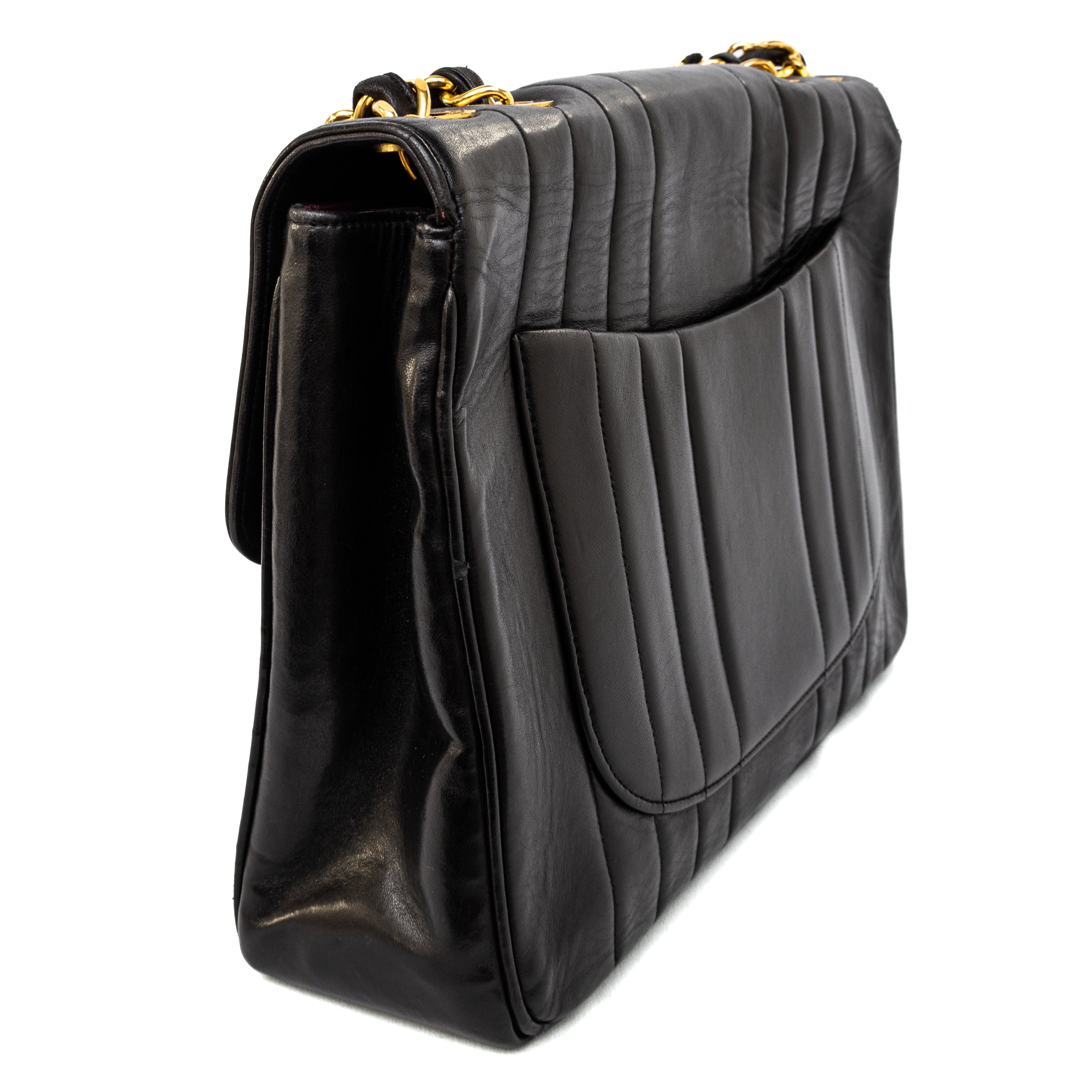 Chanel vintage Jumbo Bag black lambskin 24K gold hardware vertical stripes