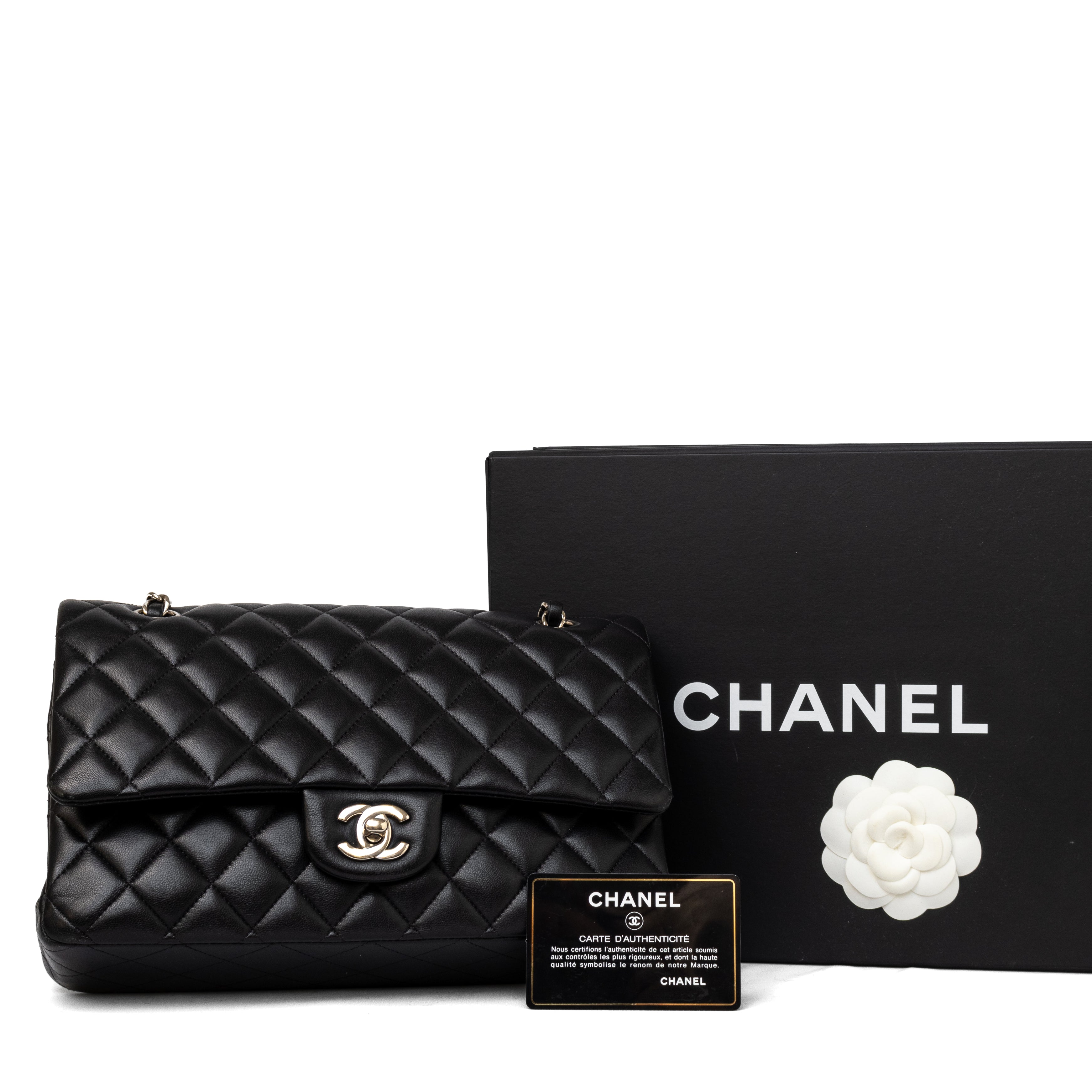 Chanel medium classic double flap black lambskin silver hardware authenticity card original box