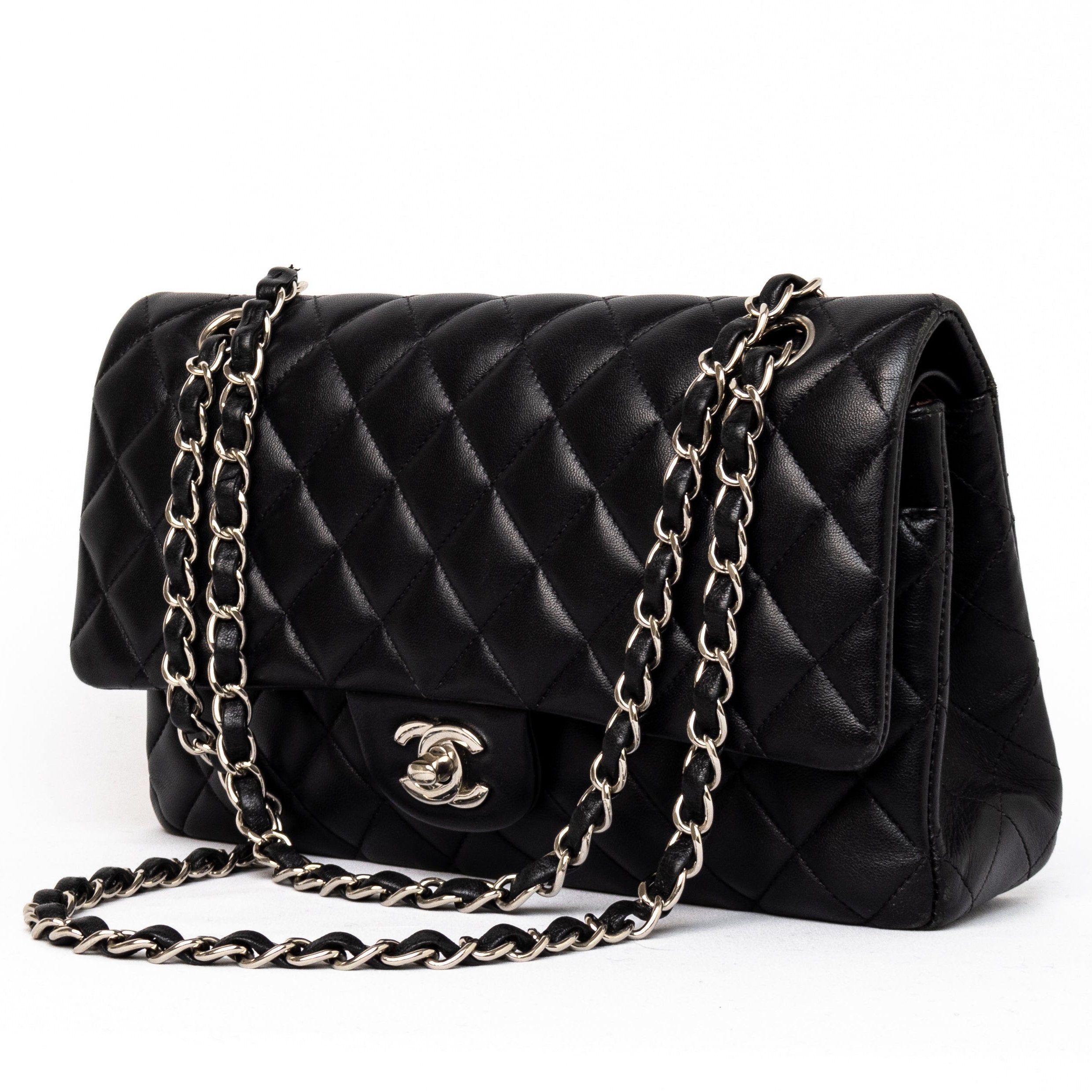 Chanel medium classic double flap black lambskin silver hardware