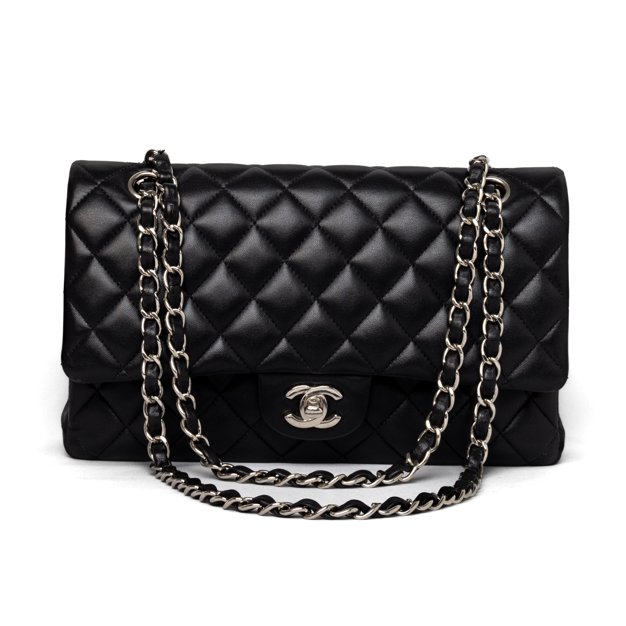 Chanel medium classic double flap black lambskin silver hardware 