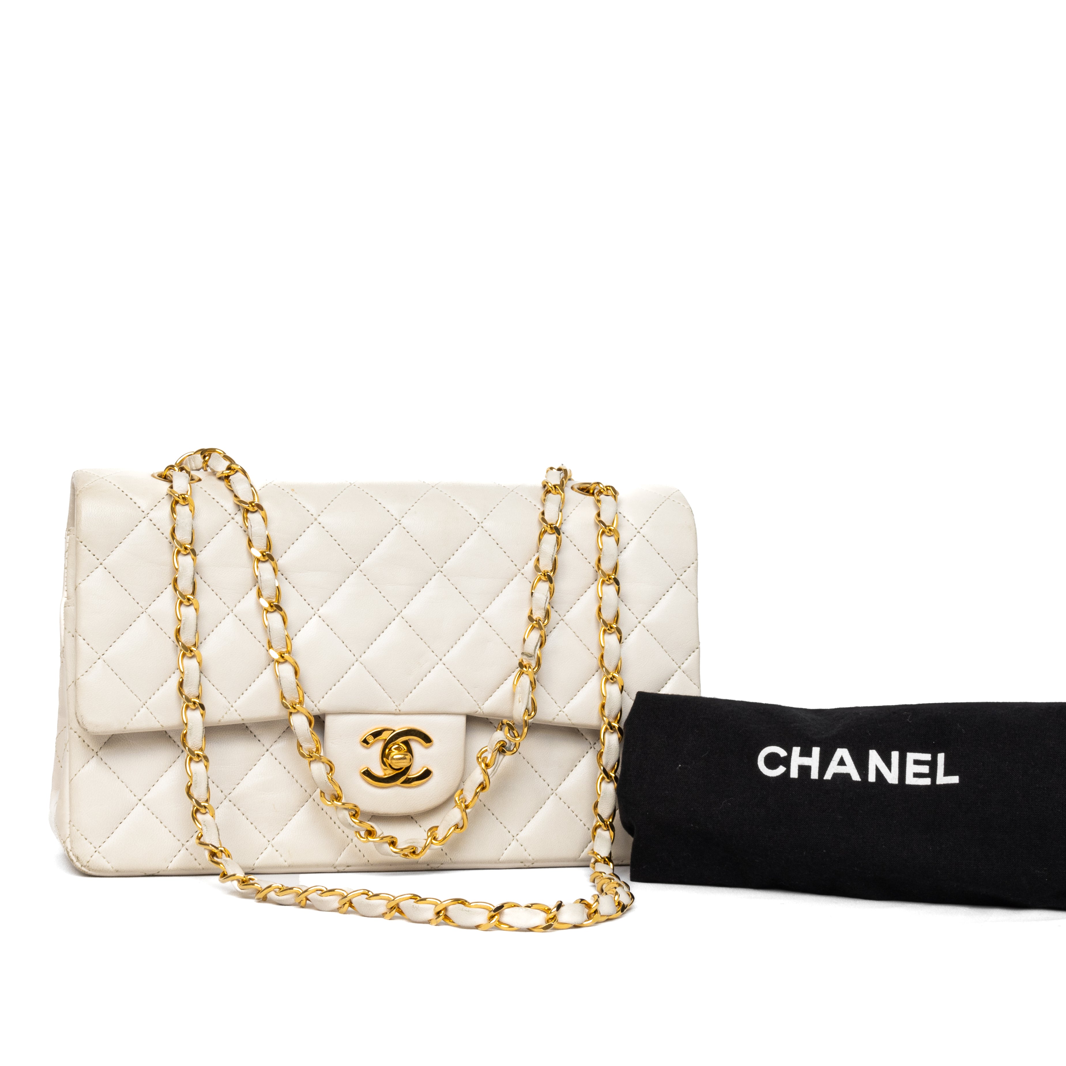 Chanel medium classic double flat off-white 24k goud hardware vintage gold authentic