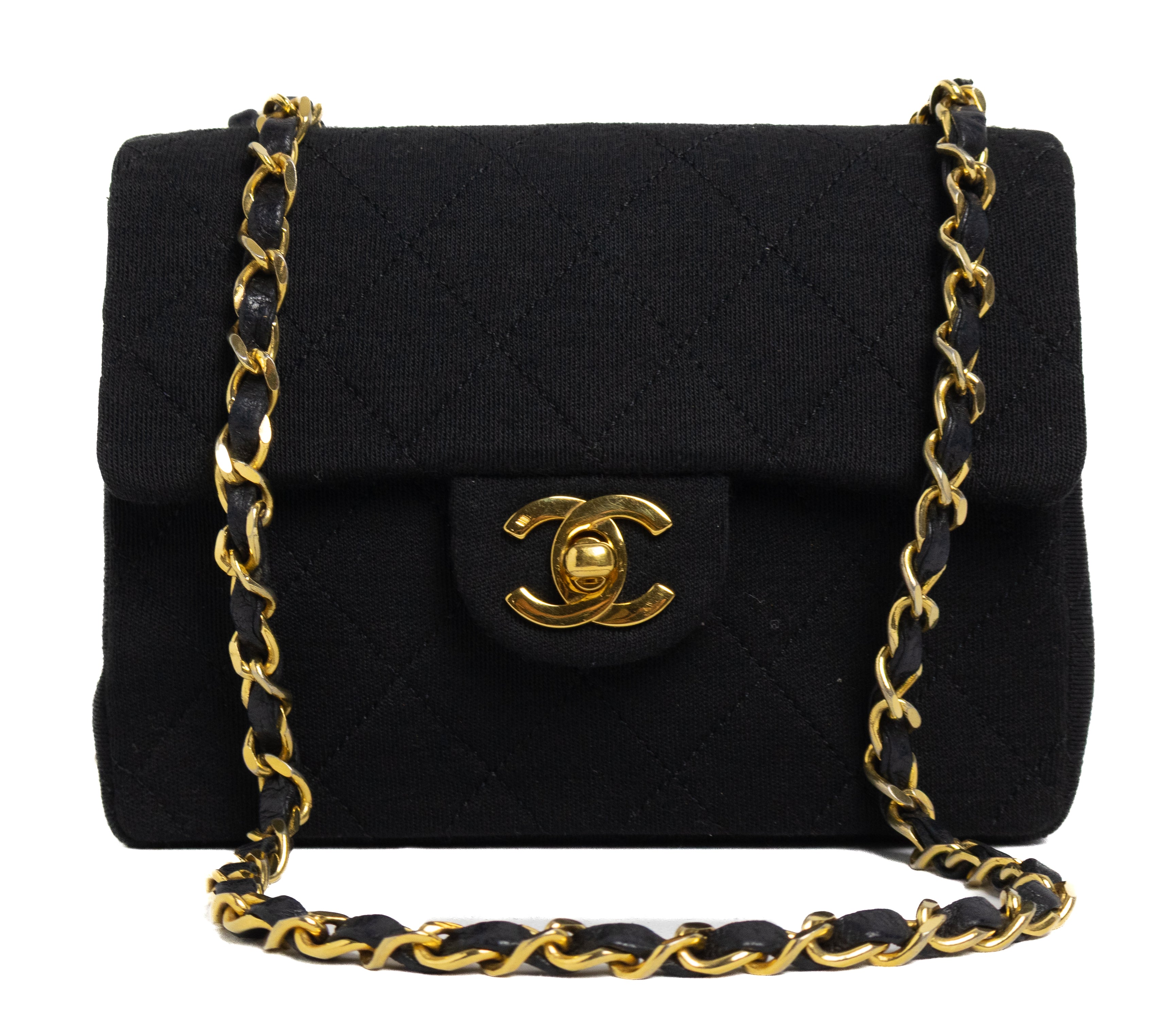 Vintage Chanel mini square bag black cotton gold 24K hardware