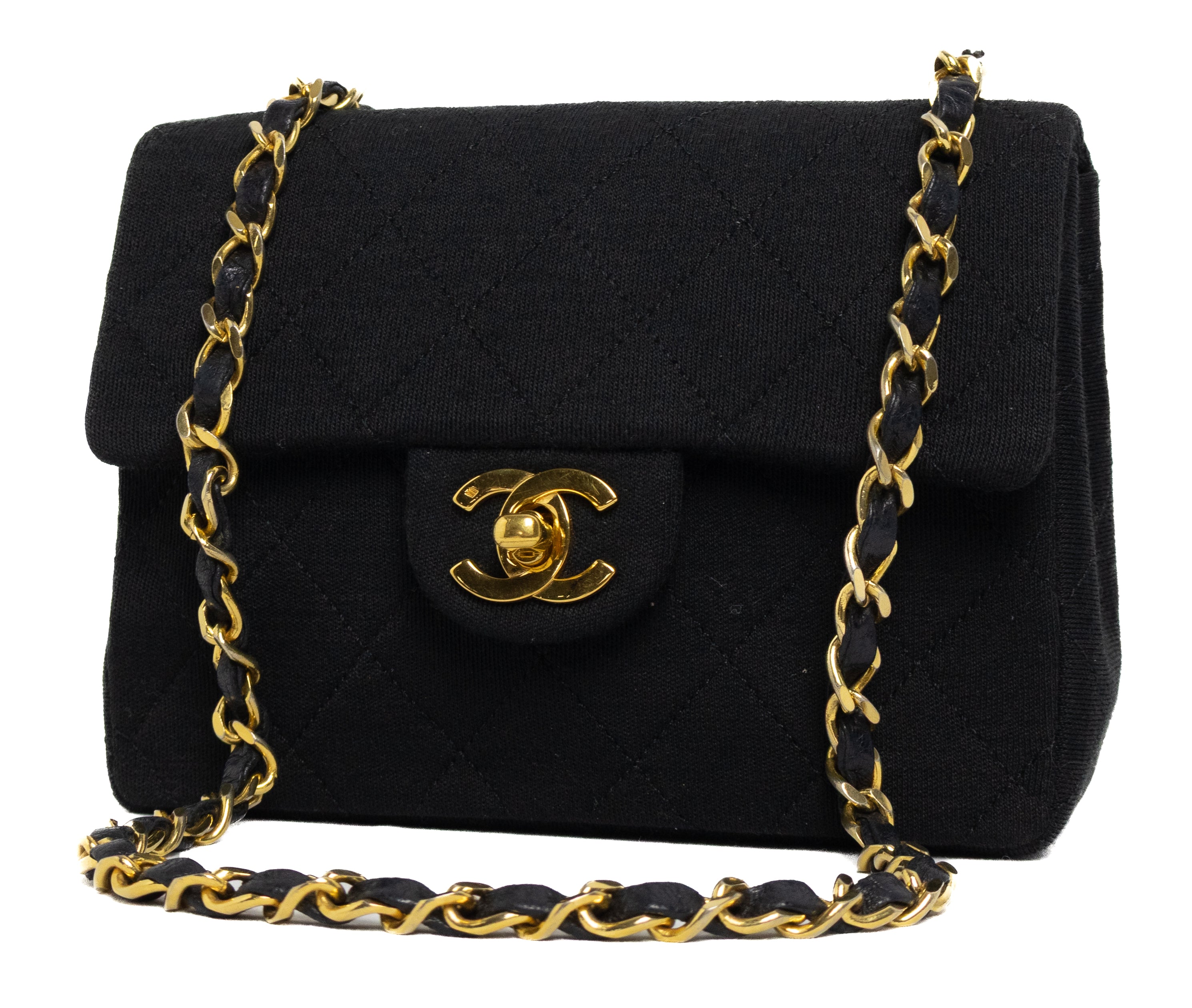 Vintage Chanel mini square bag black cotton gold 24K hardware