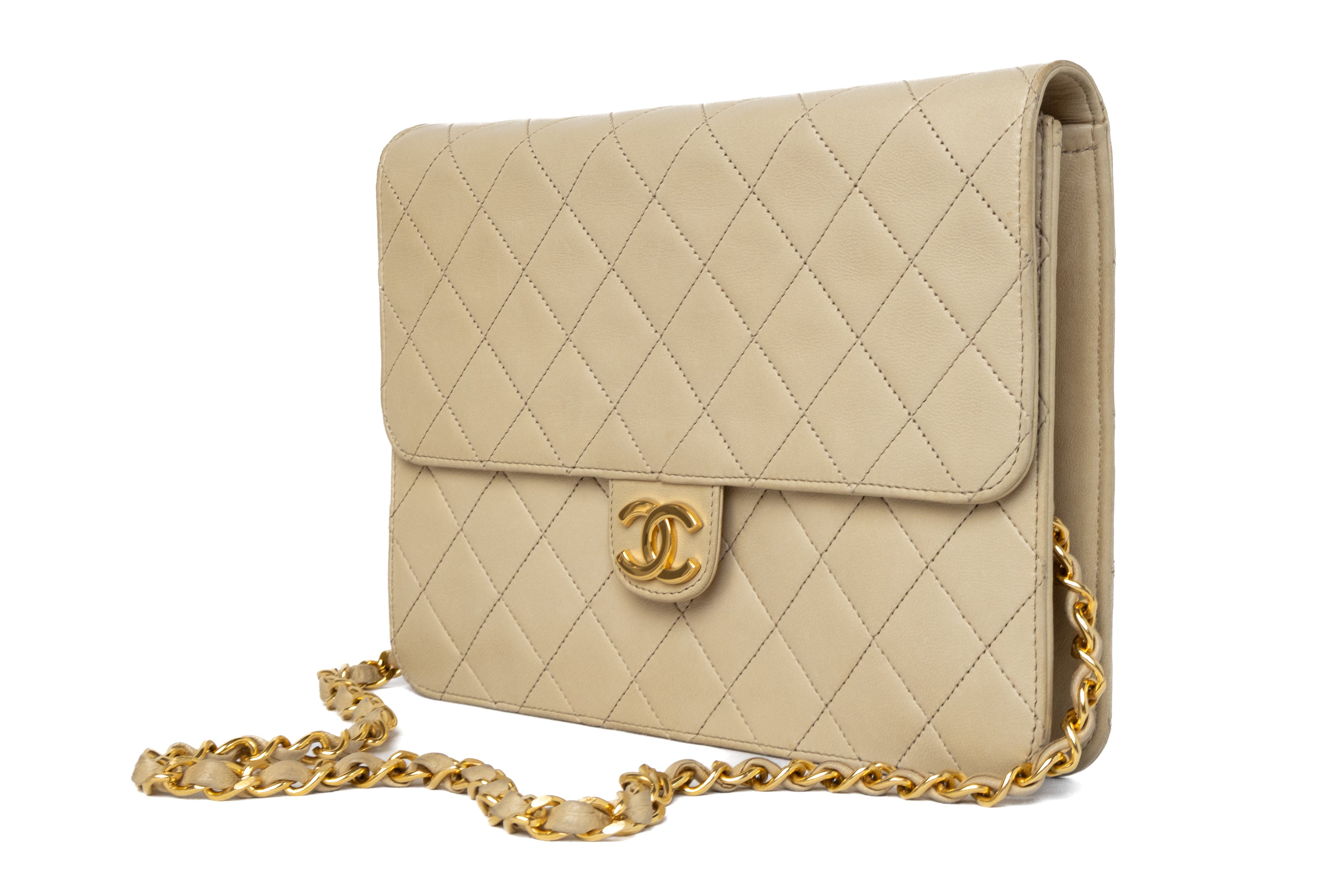 Chanel push lock single flap vintage authentic 24K gold hardware beige lambskin