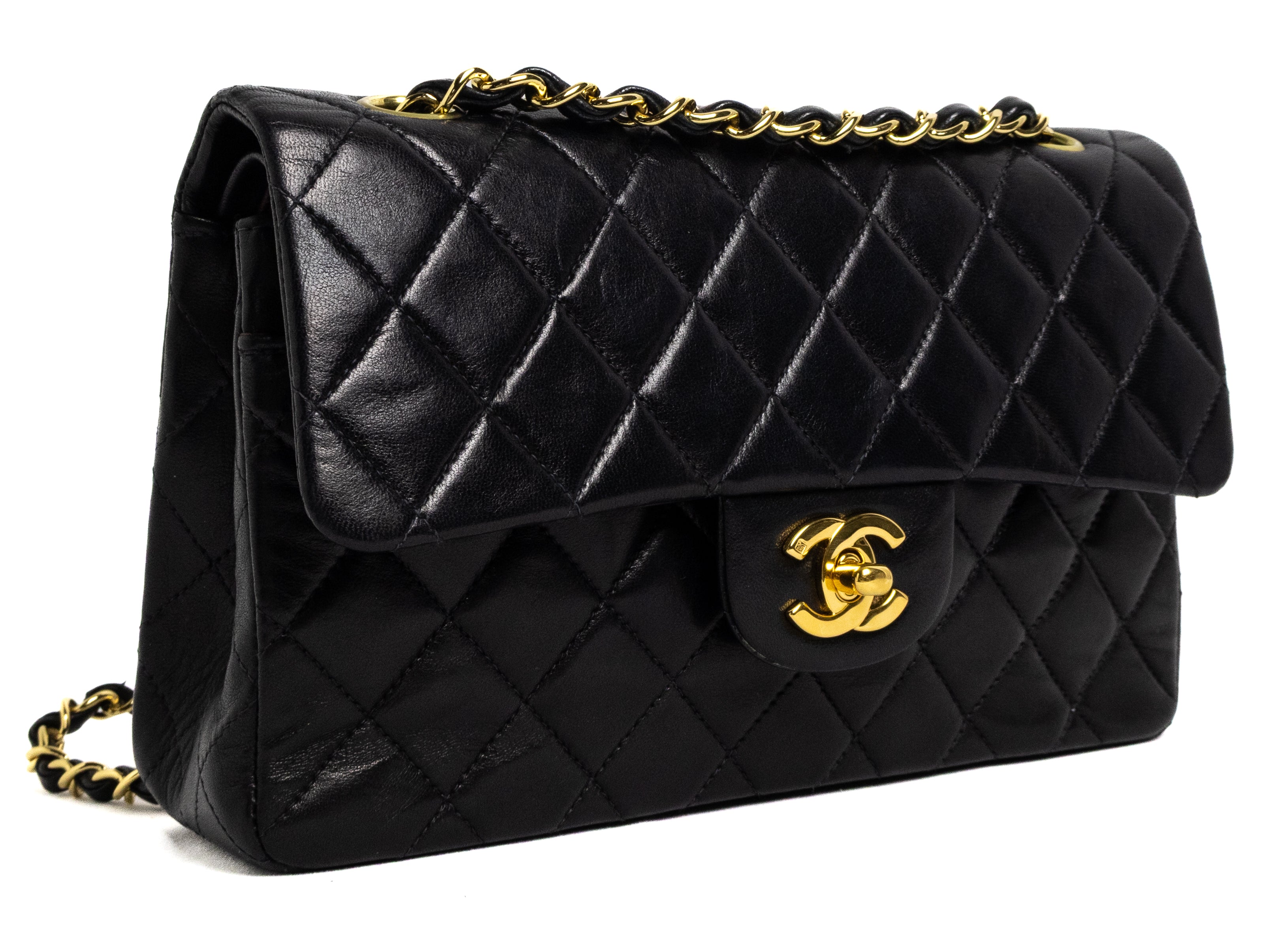 vintage Chanel Small Classic Flap zwart met 24K goud lamsleer hardware