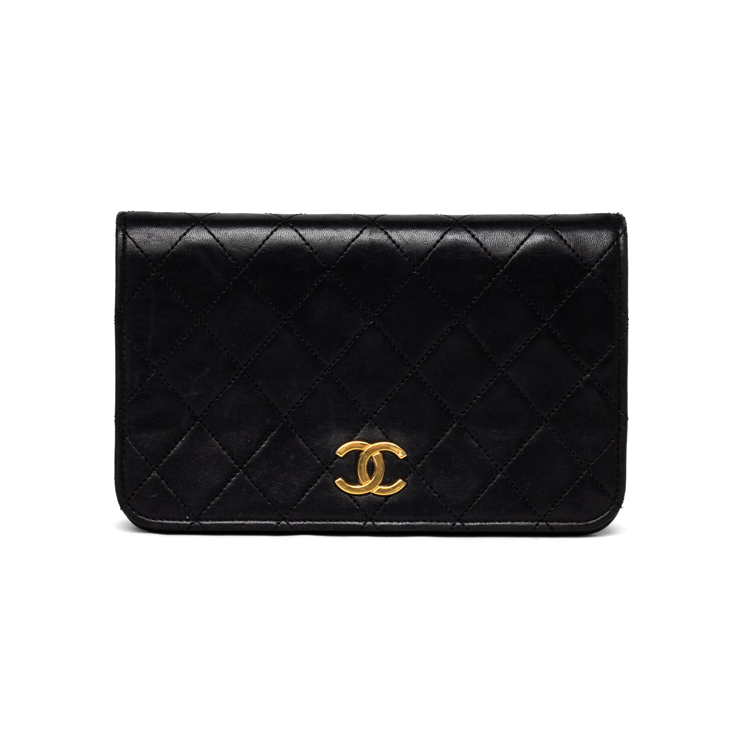 Chanel small full flap push lock black lambskin 24k gold hardware vintage authentic