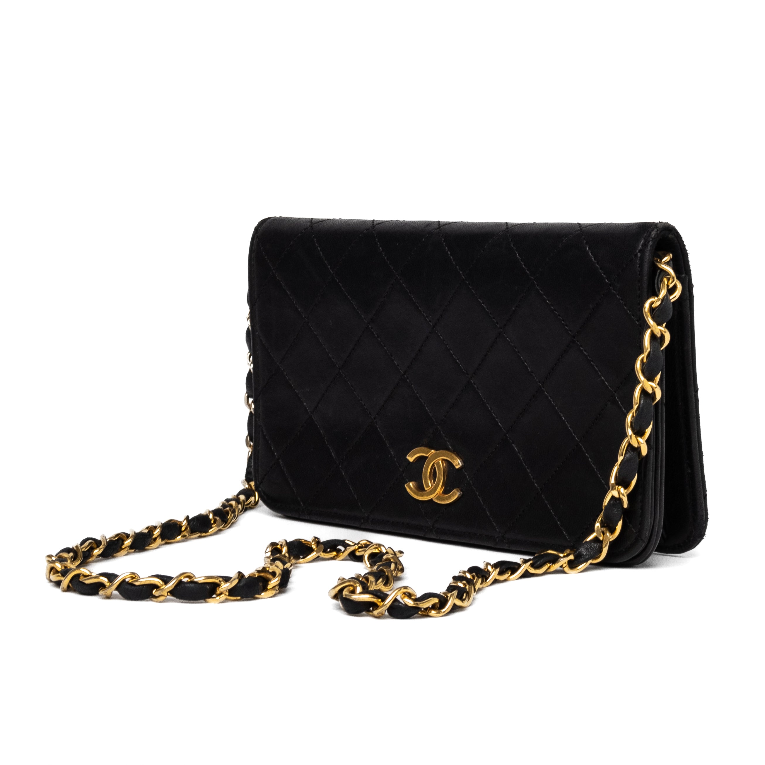 Chanel small full flap push lock black lambskin 24k gold hardware vintage authentic