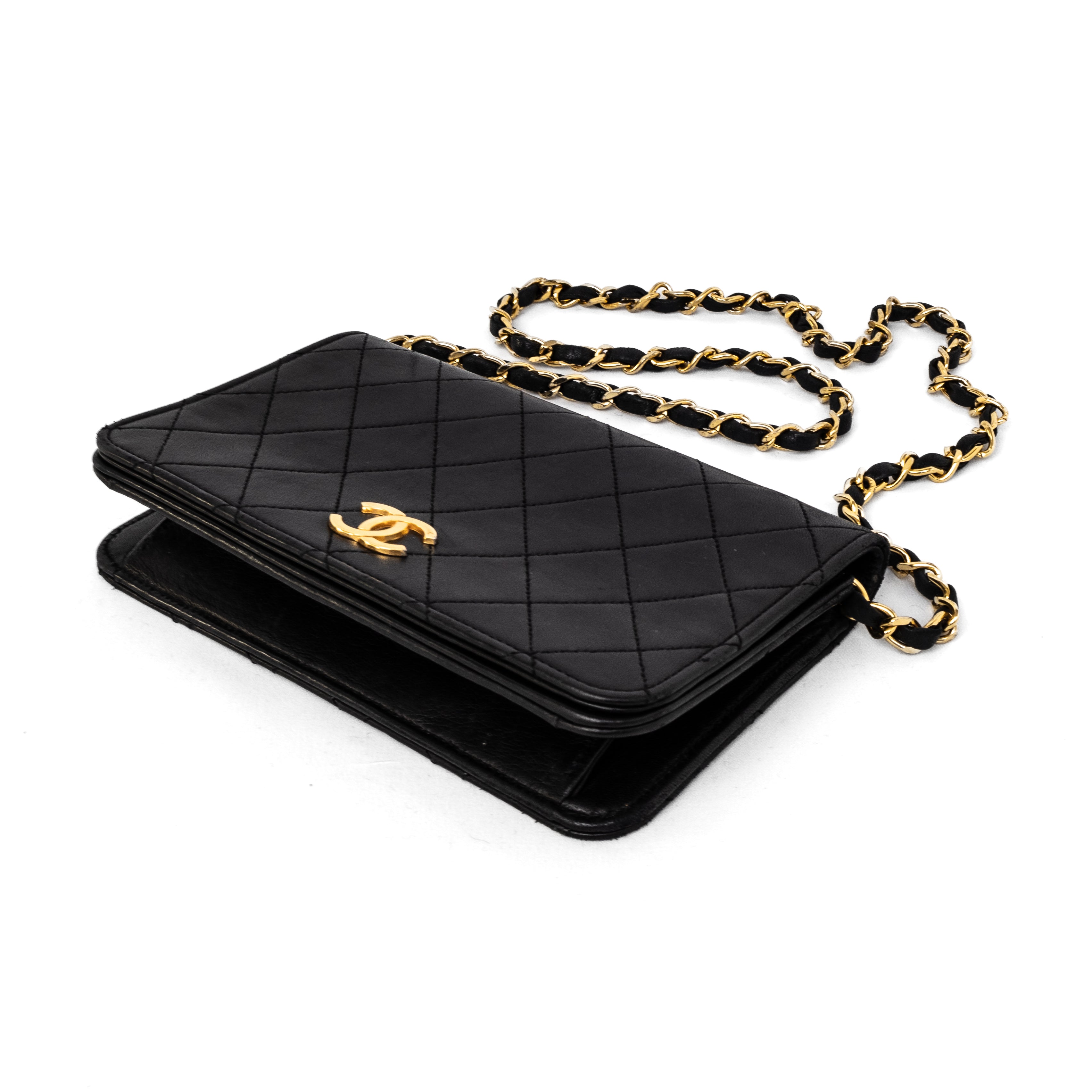 Chanel small full flap push lock black lambskin 24k gold hardware vintage authentic