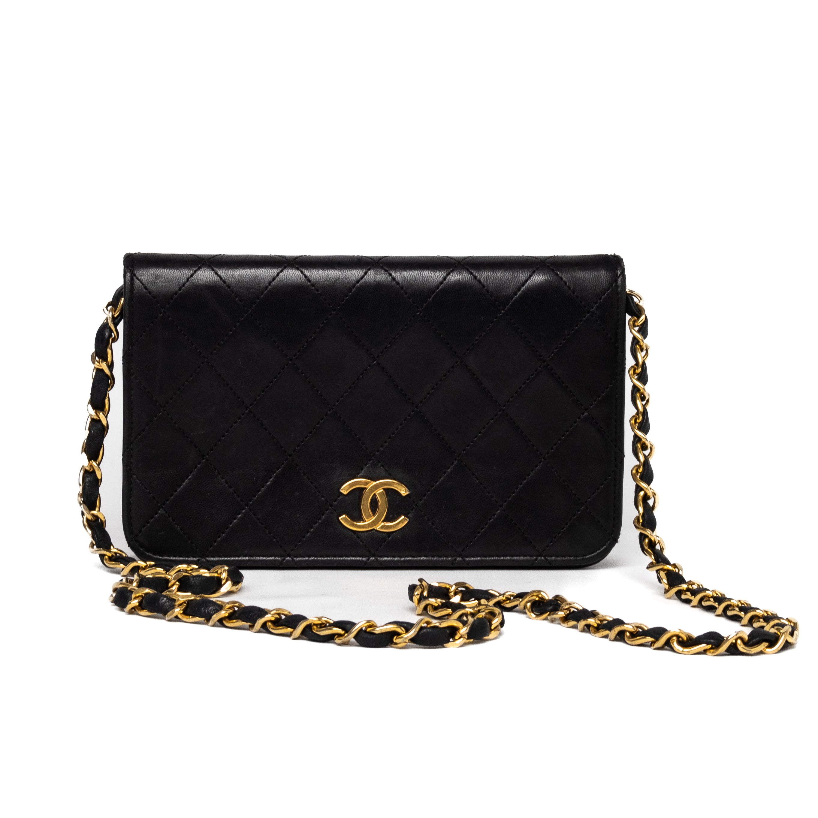 Chanel small full flap push lock black lambskin 24k gold hardware vintage authentic