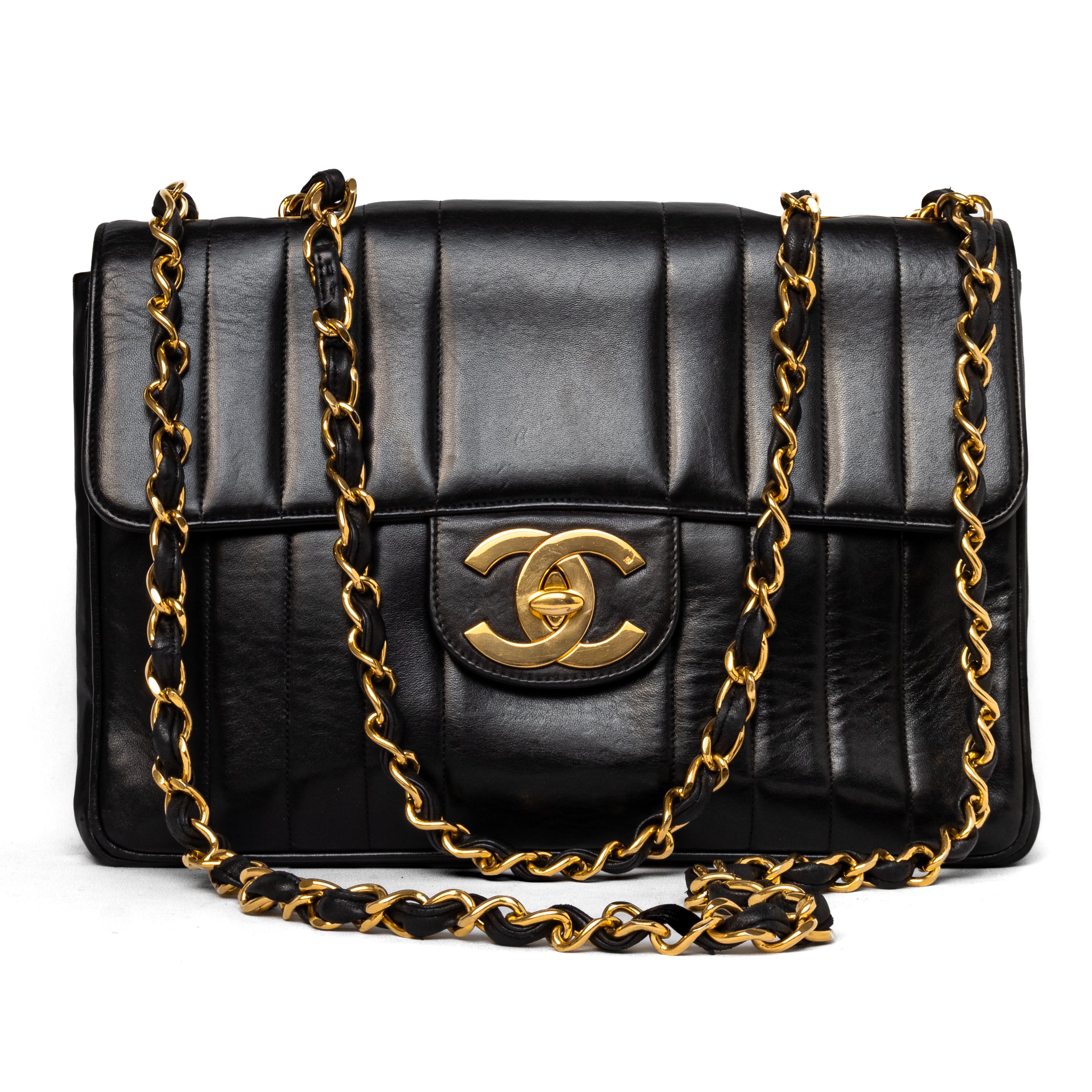 Chanel vintage Jumbo Bag black lambskin 24K gold hardware vertical stripes