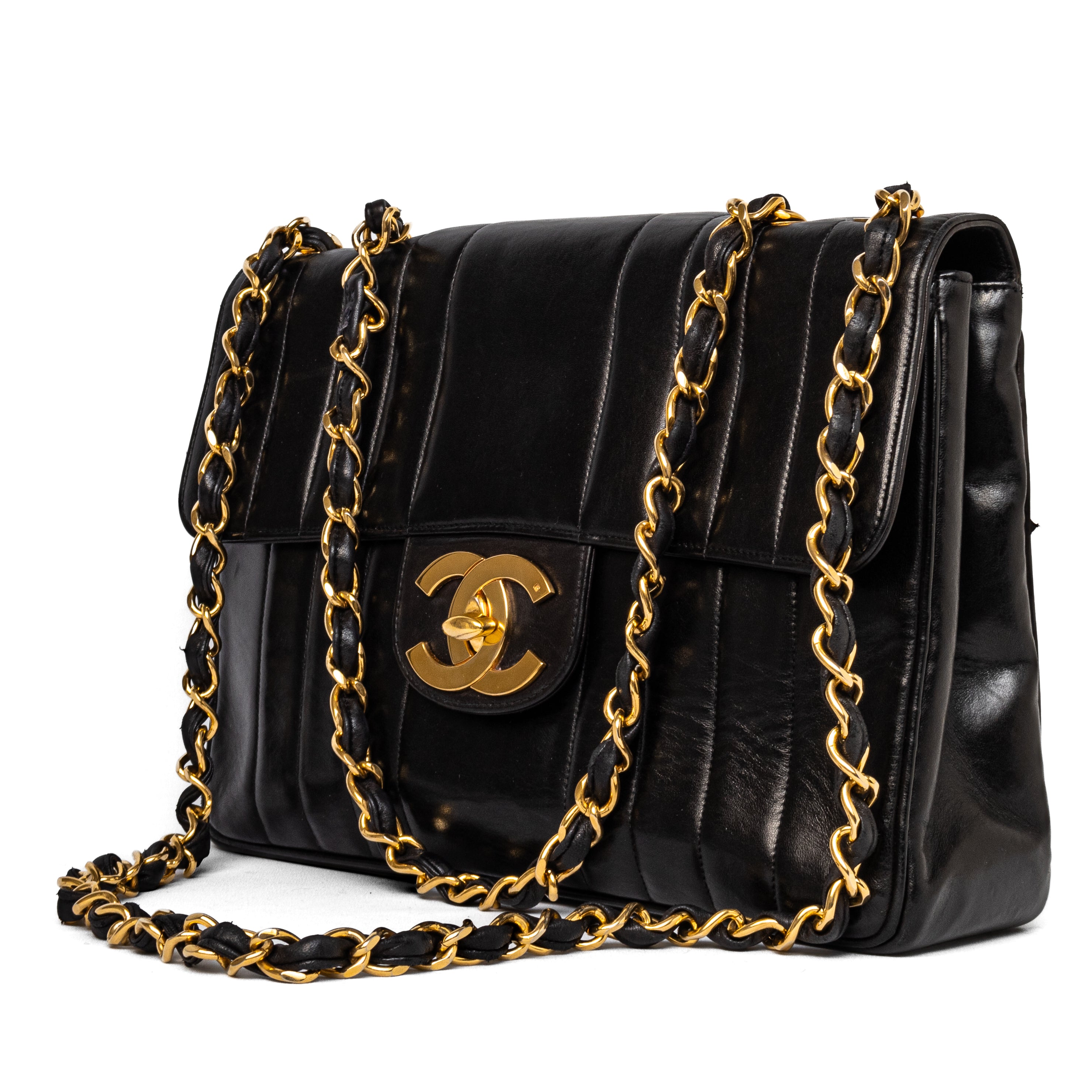 Chanel vintage Jumbo Bag black lambskin 24K gold hardware vertical stripes