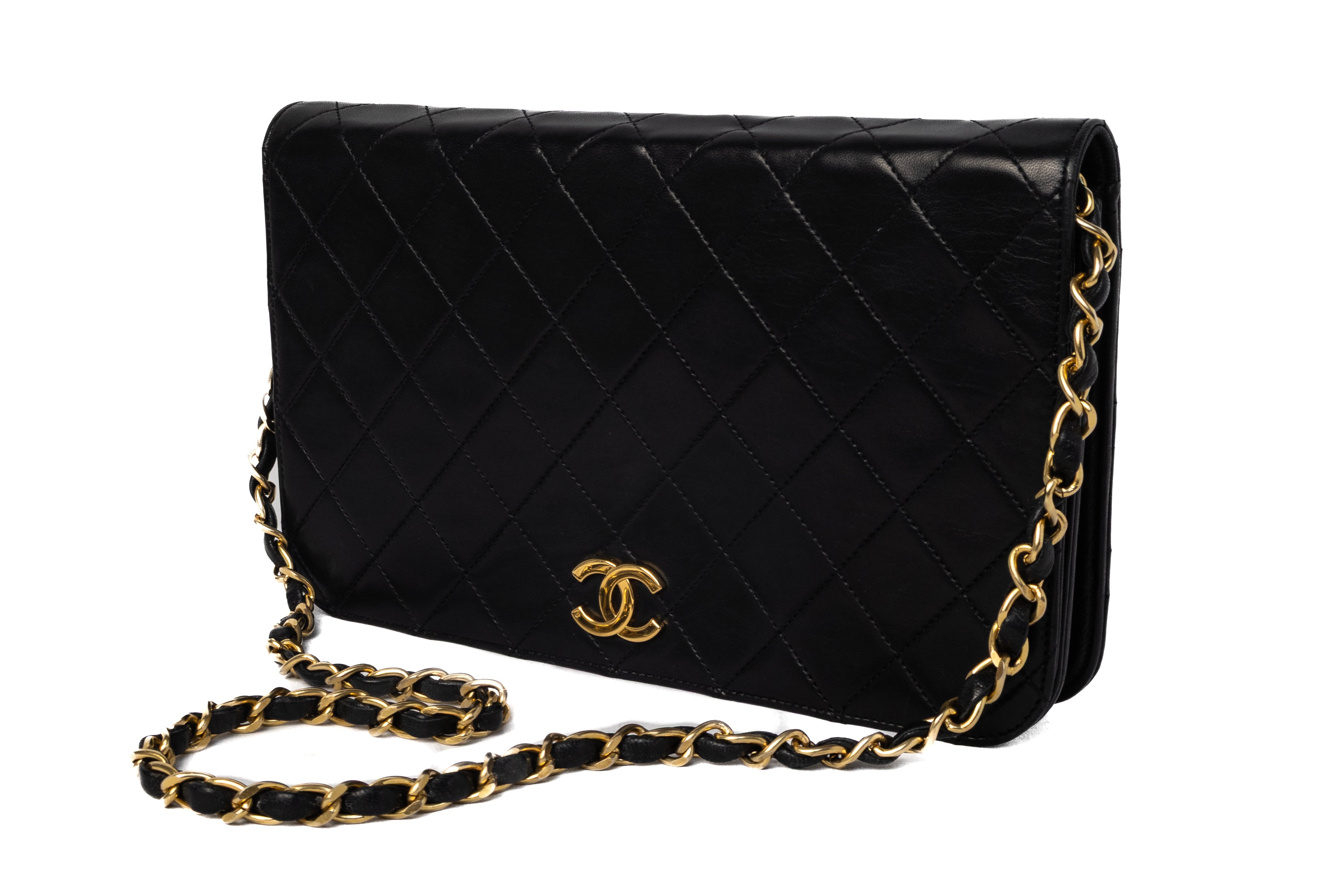 Chanel full flap push lock black lambskin 24K gold hardware vintage 100% authentic