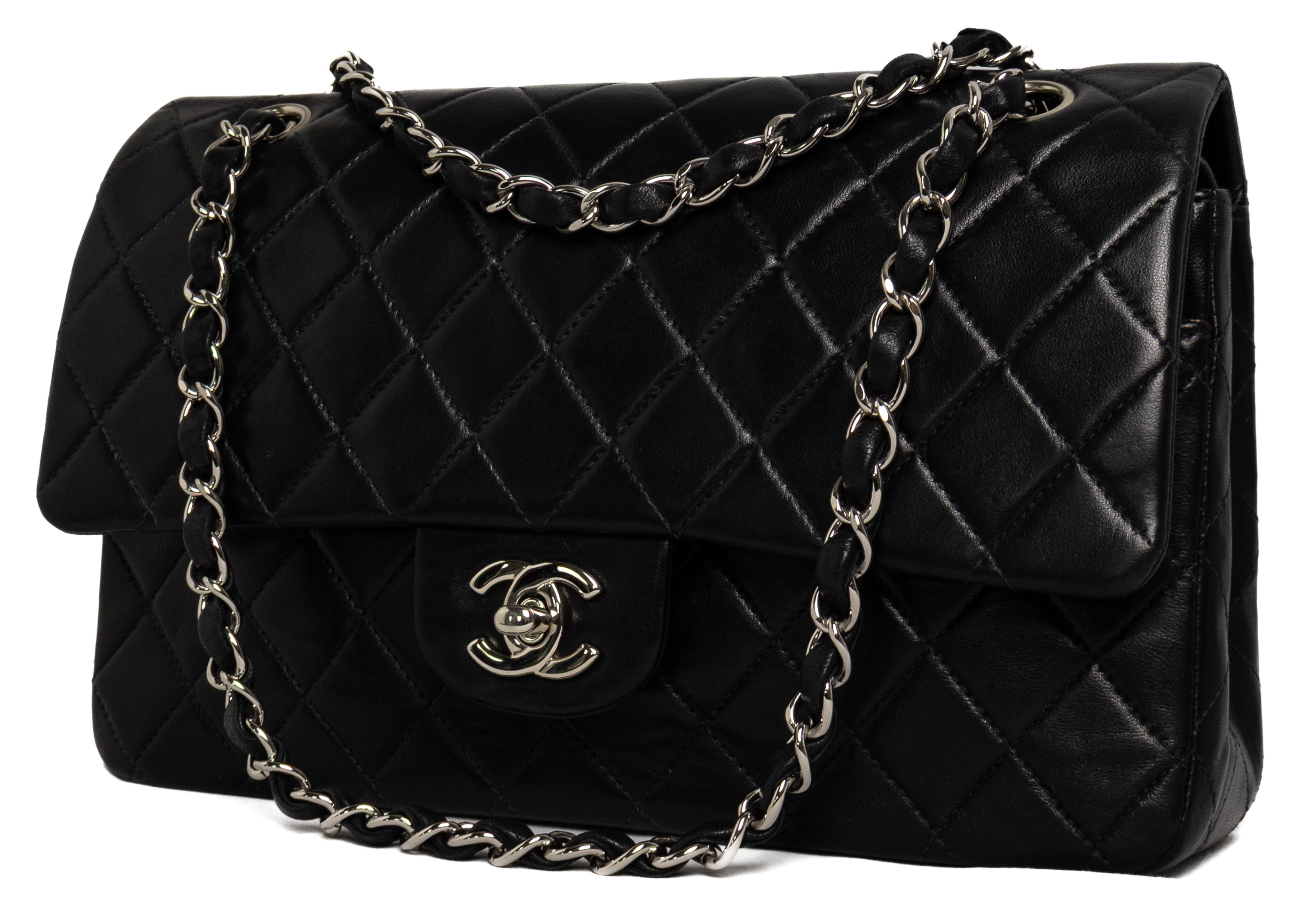 Chanel Medium Classic Double Flap Zwart Lamsleer Zilver Hardware