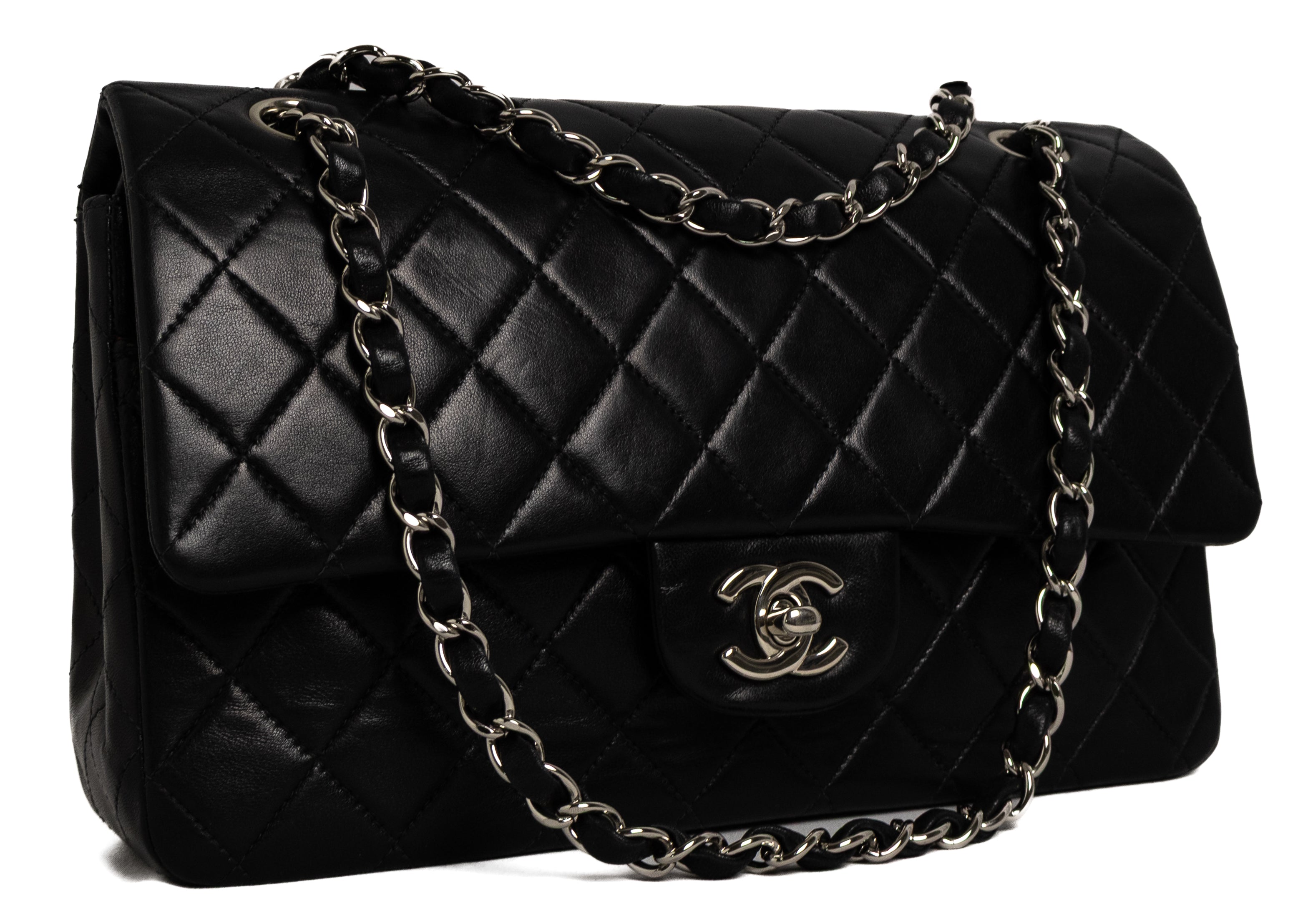 Chanel Medium Classic Double Flap Zwart Lamsleer Zilver Hardware