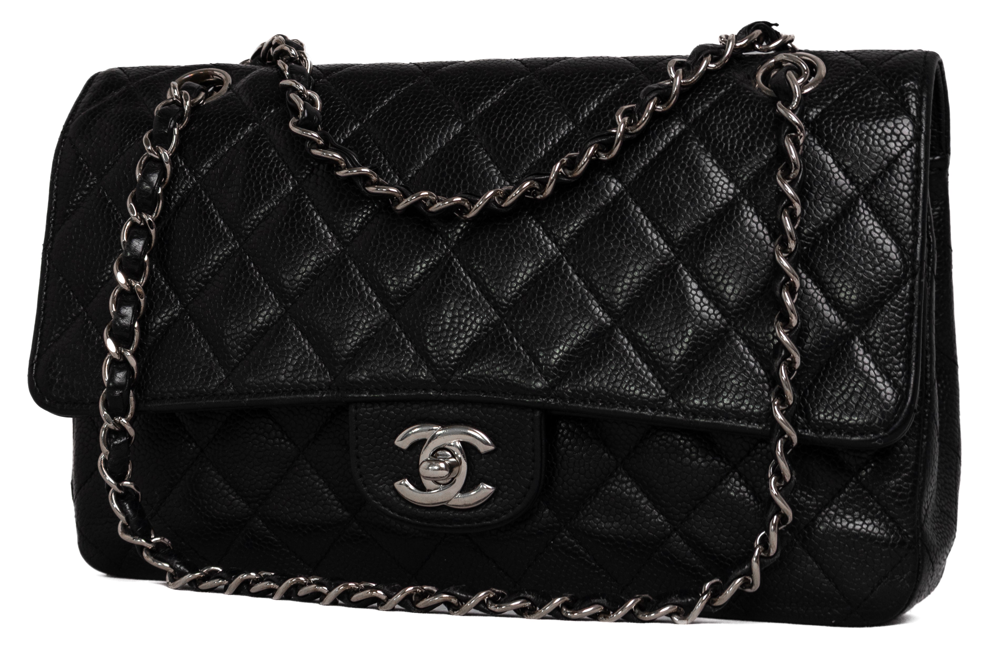 Chanel Medium Classic Double Flap Zwart Caviar Zilver Hardware