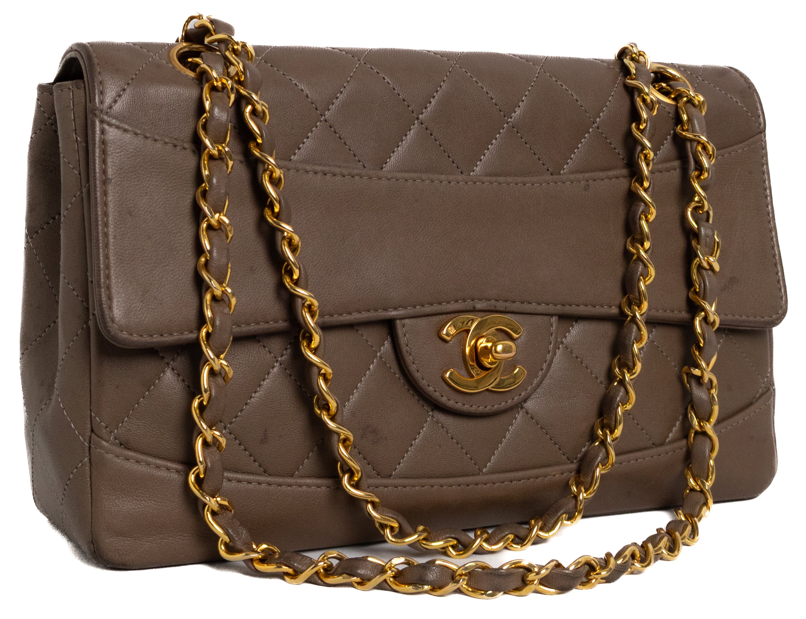 Chanel Single Flap Taupe Brown Lambskin Gold Hardware