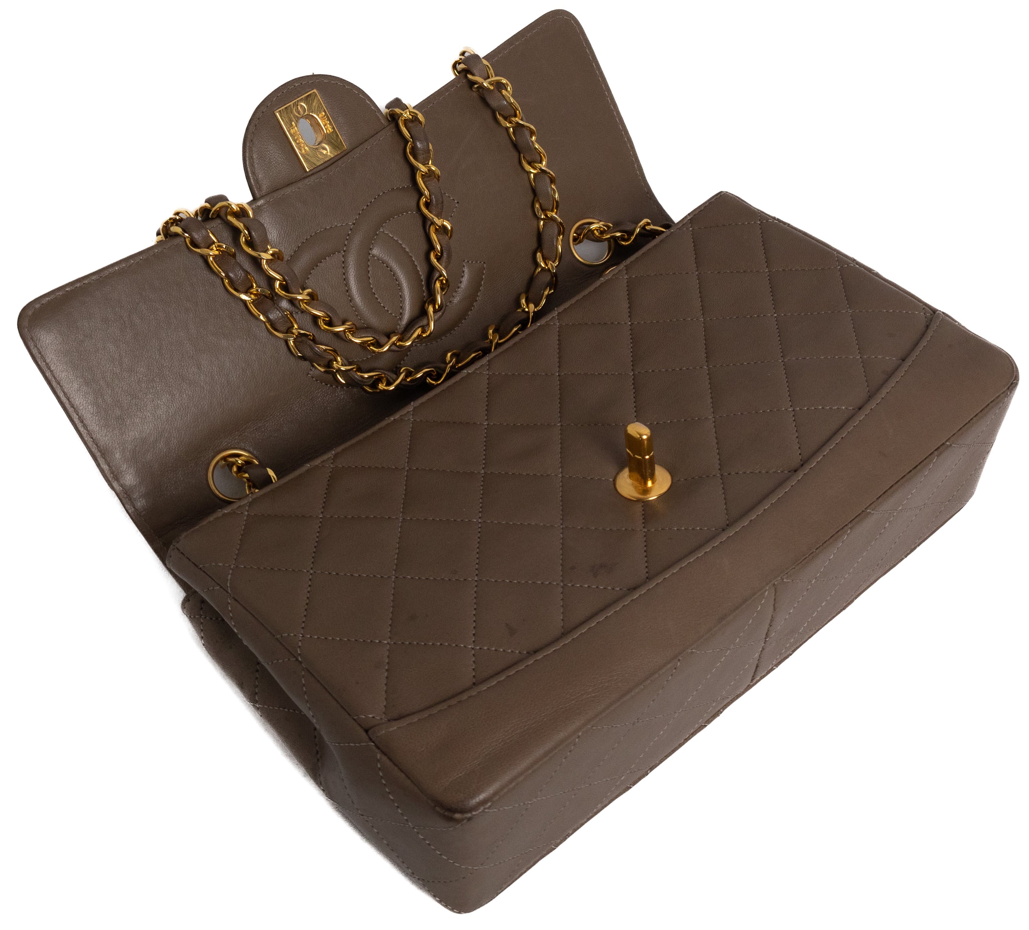 Chanel Single Flap Taupe Brown Lambskin Gold Hardware