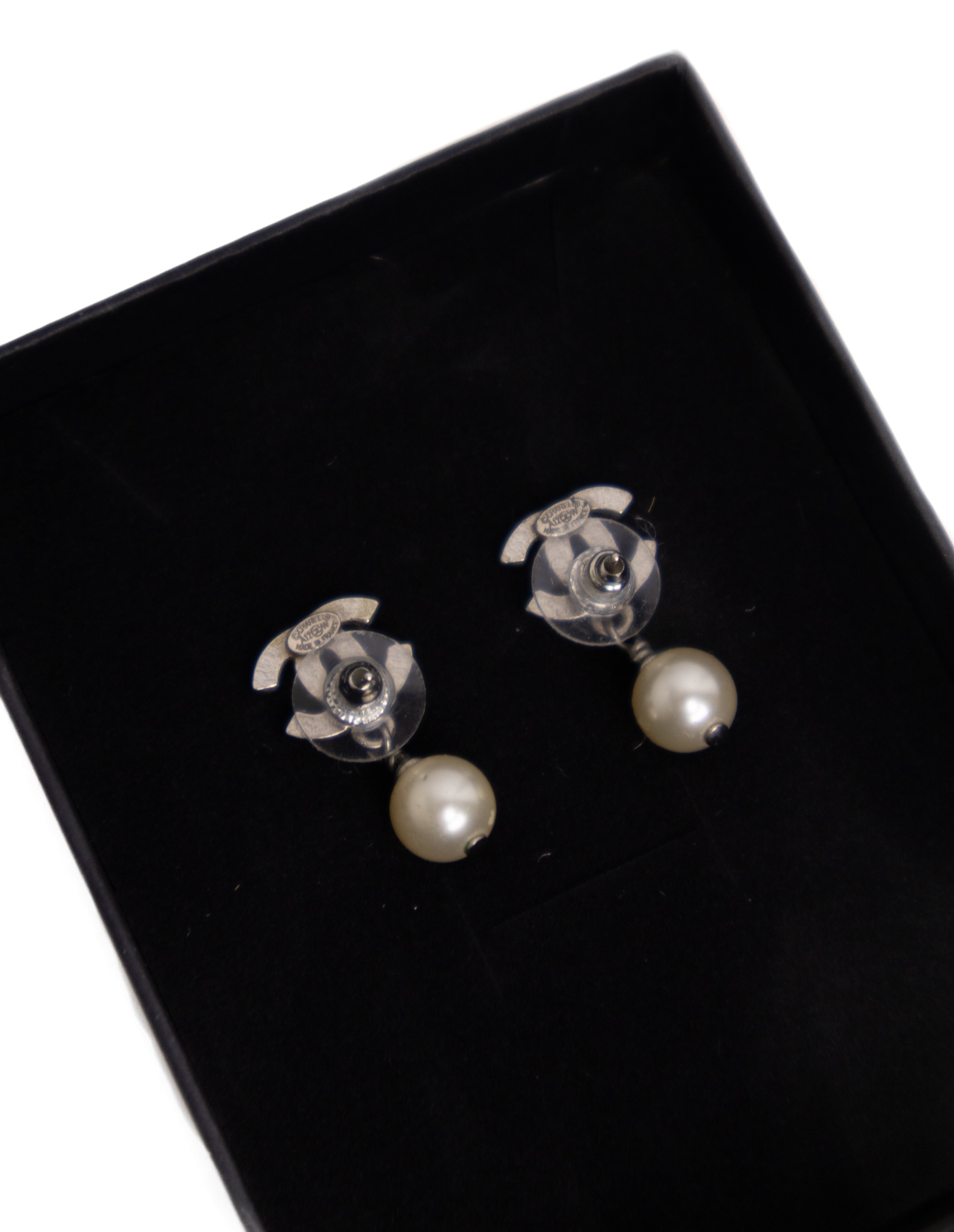 Chanel CC Pearl Earrings Silver