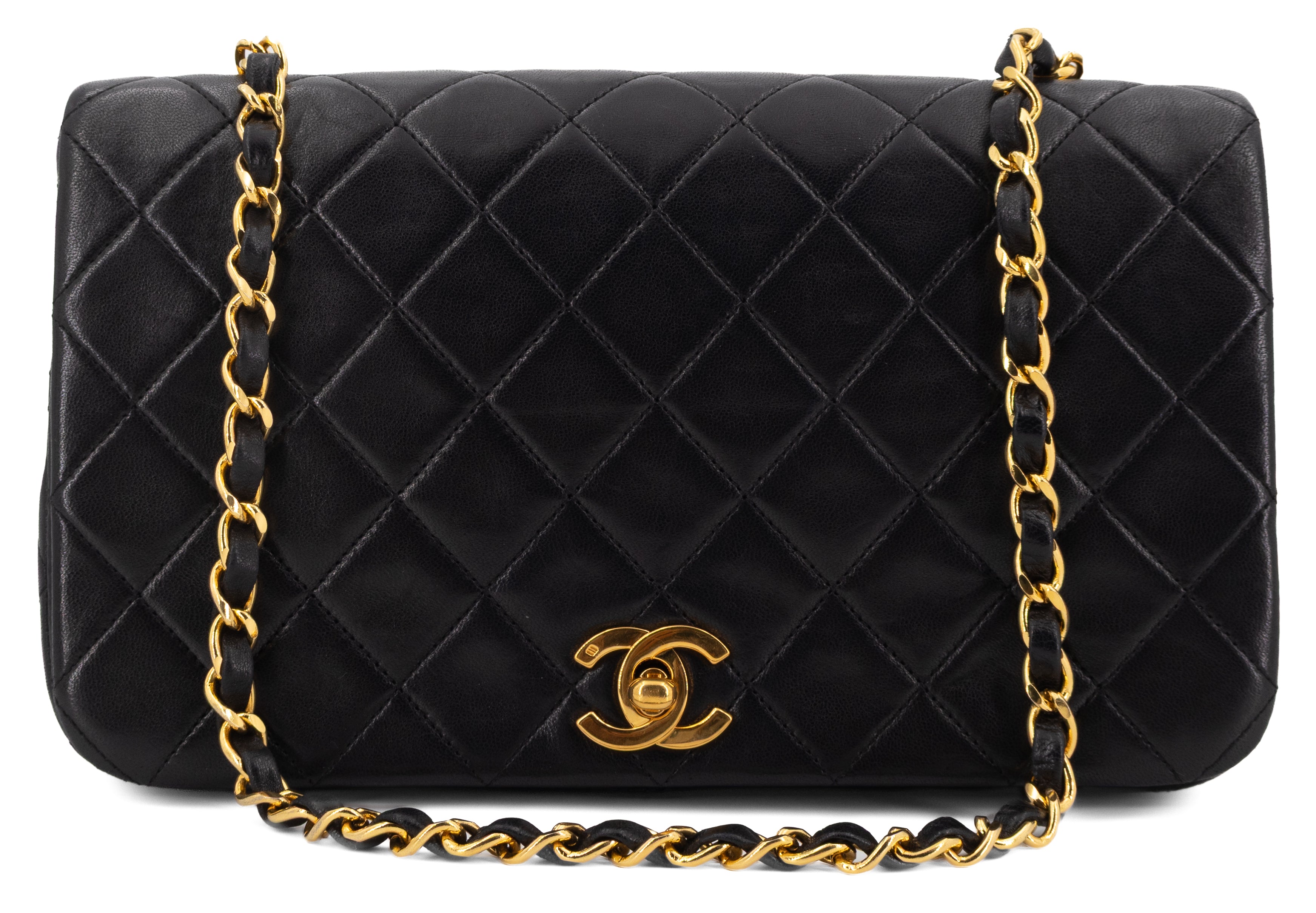 Chanel Full Flap Turn Lock Zwart Lamsleer Goud Hardware