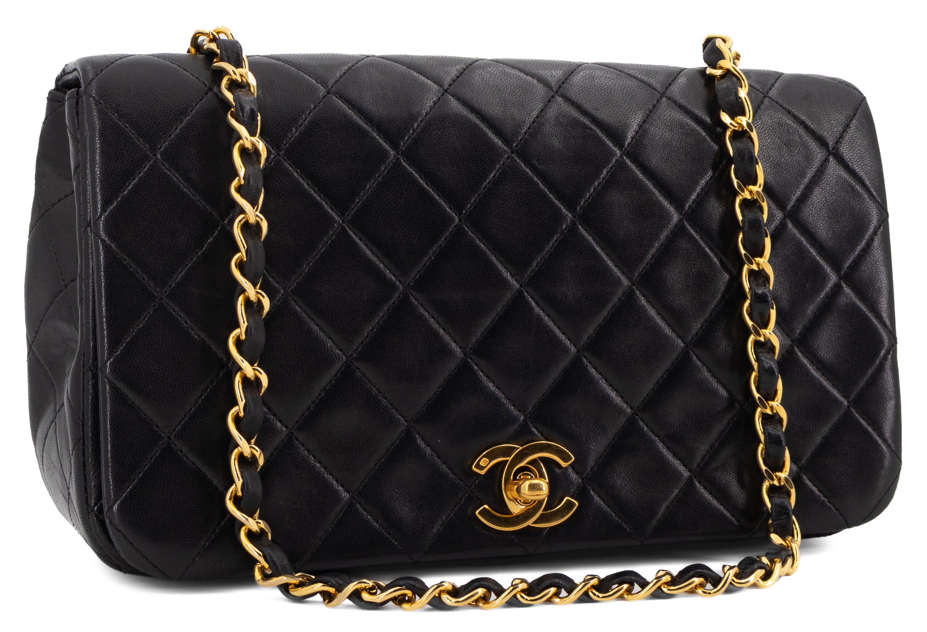 Chanel Full Flap Turn Lock Zwart Lamsleer Goud Hardware