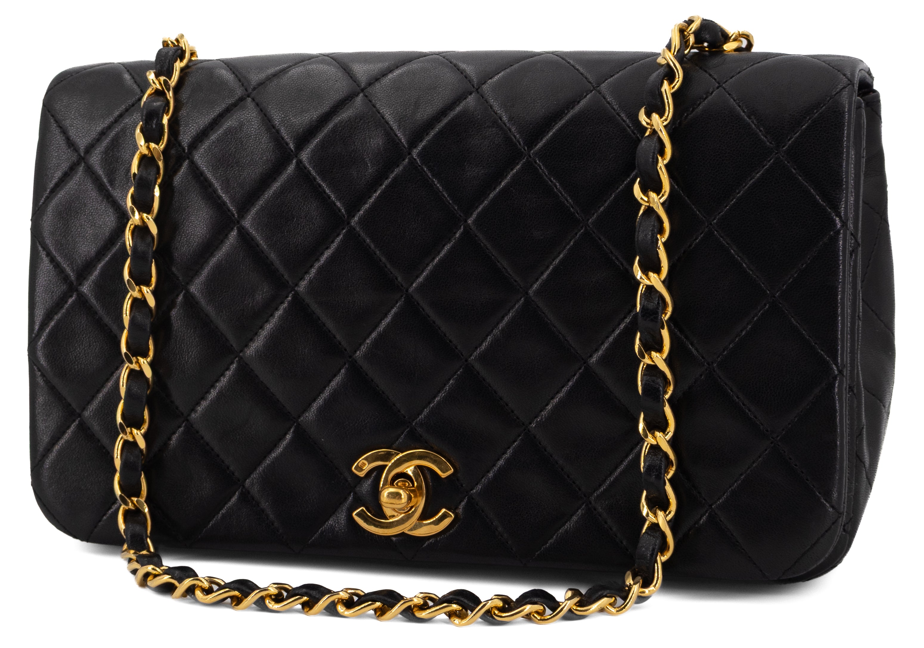 Chanel Full Flap Turn Lock Zwart Lamsleer Goud Hardware