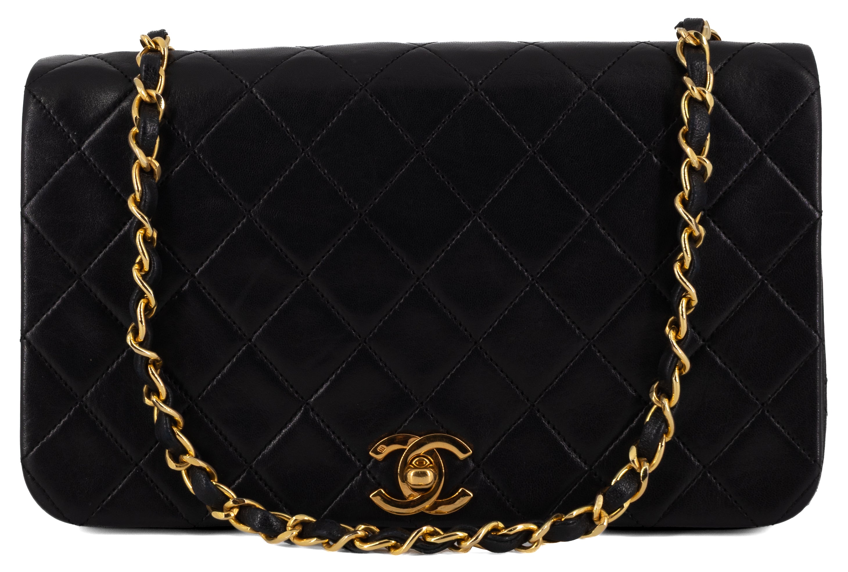 Chanel Full Flap Turn Lock Zwart Lamsleer Goud Hardware