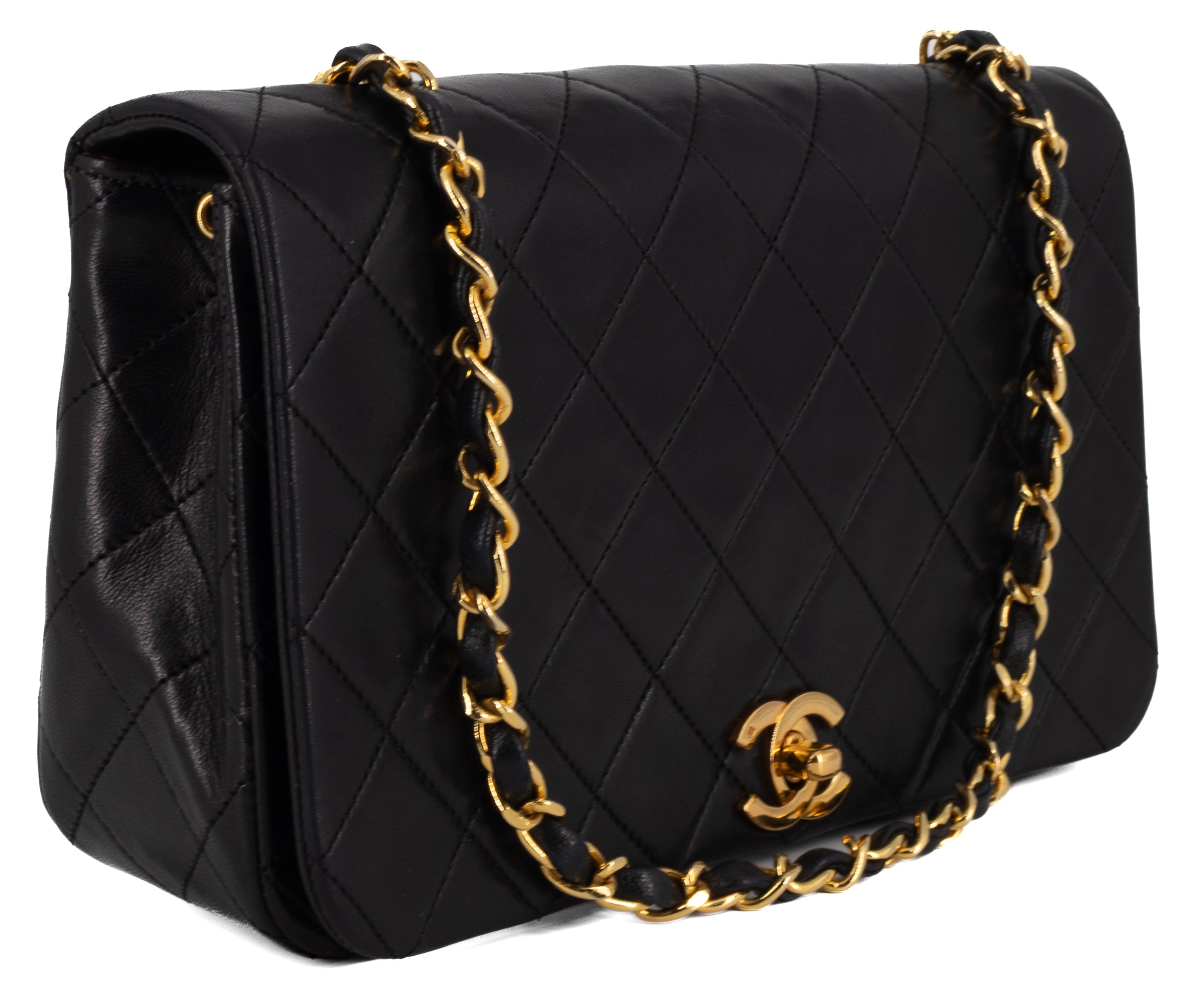 Chanel Full Flap Turn Lock Zwart Lamsleer Goud Hardware