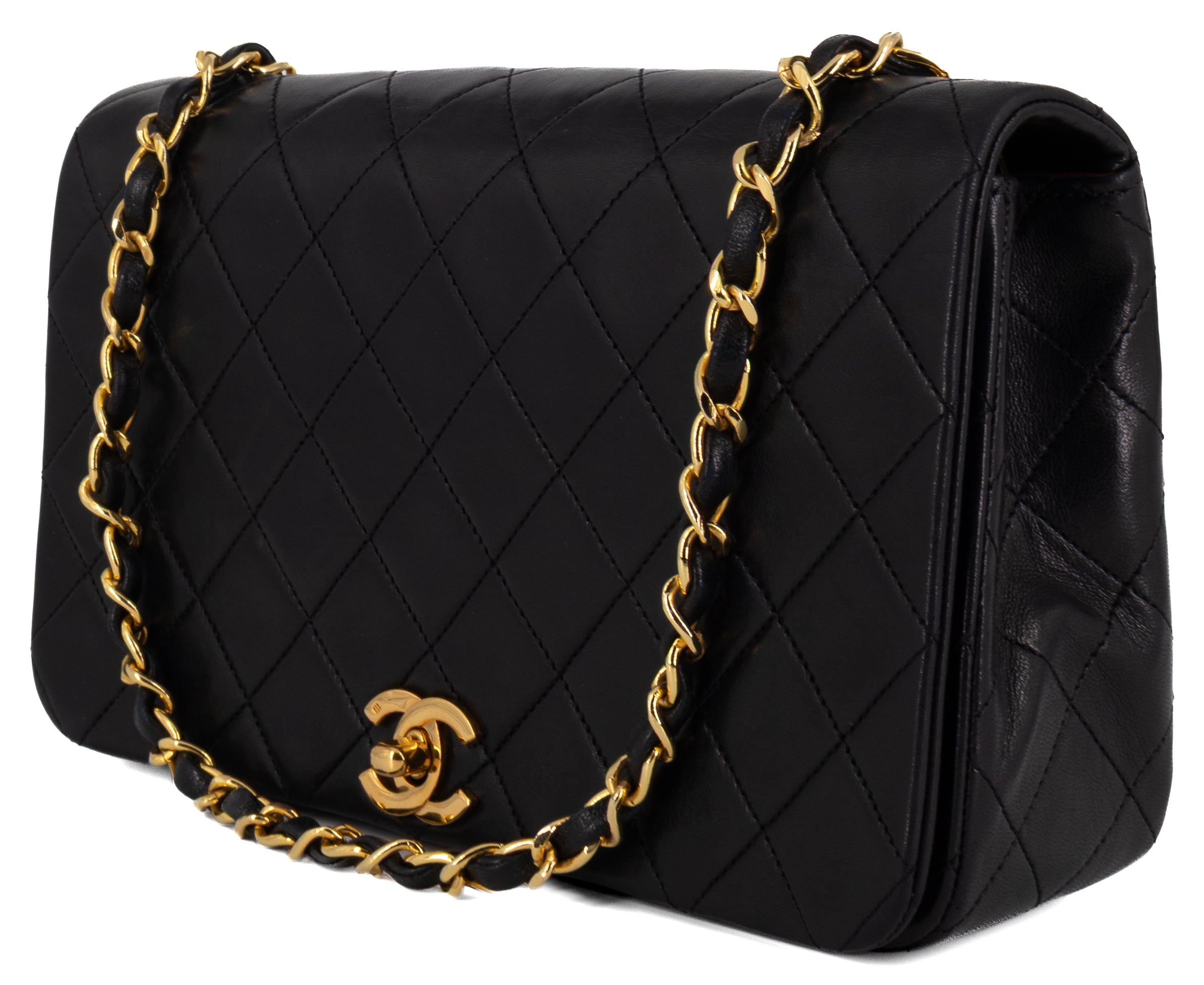 Chanel Full Flap Turn Lock Zwart Lamsleer Goud Hardware