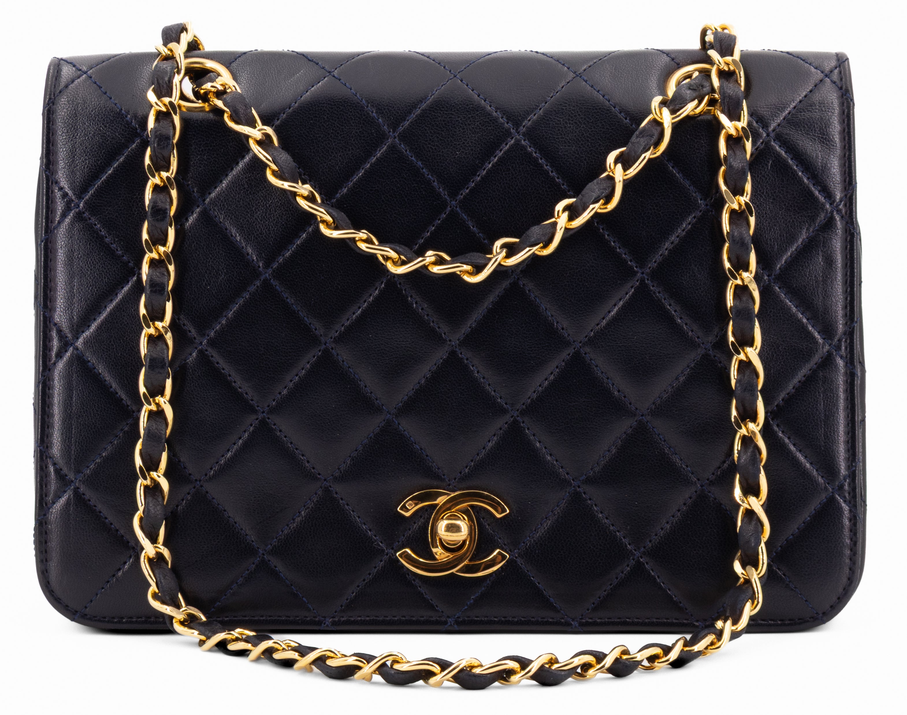 Chanel Full Flap Turn Lock Donkerblauw Navy Lamsleer Goud Hardware