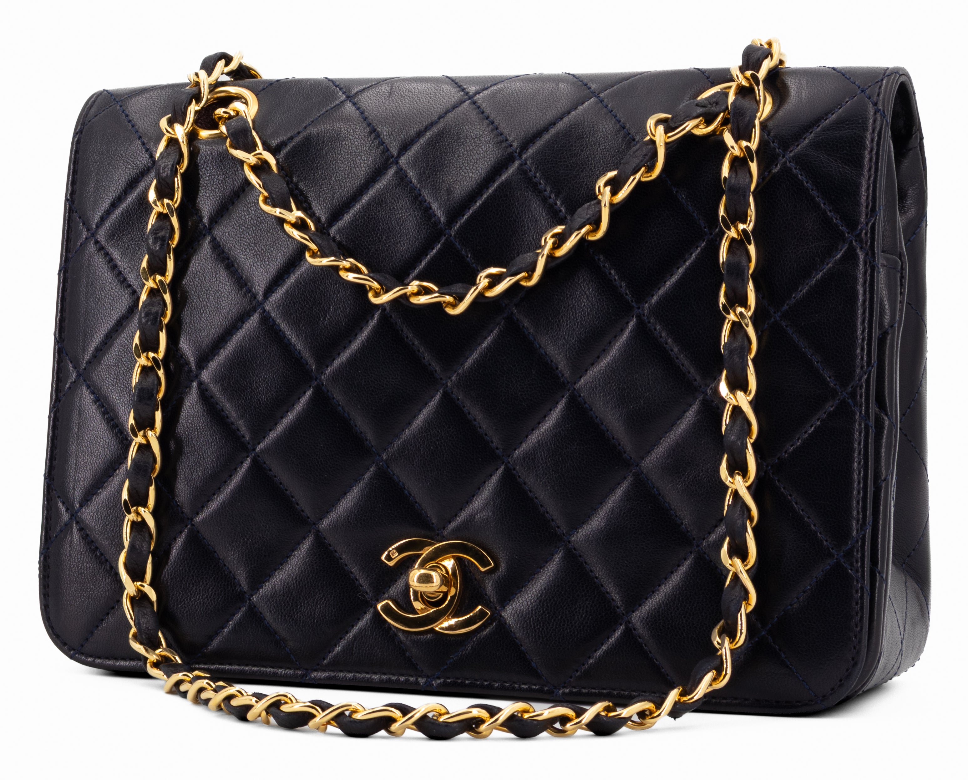 Chanel Full Flap Turn Lock Donkerblauw Navy Lamsleer Goud Hardware