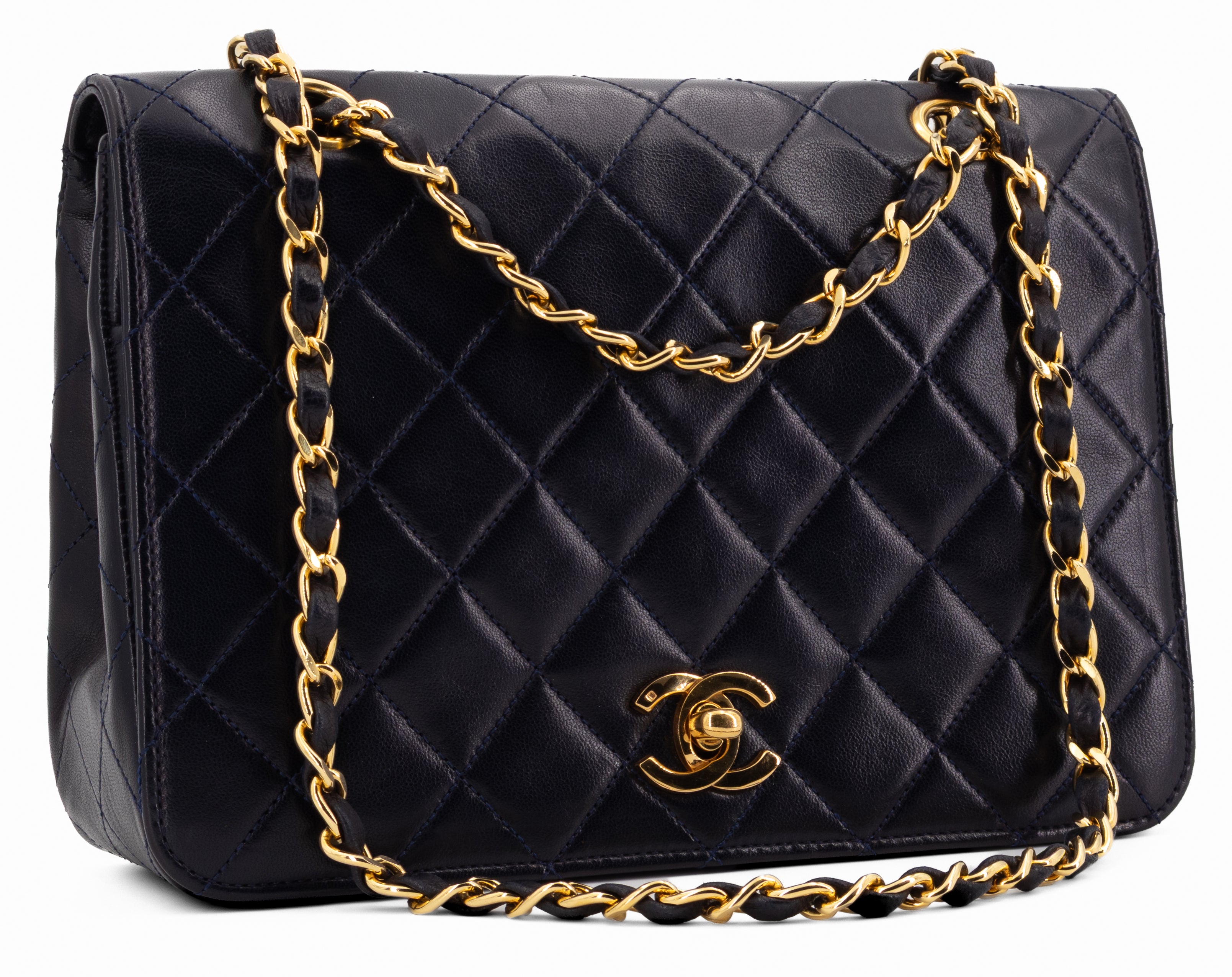 Chanel Full Flap Turn Lock Donkerblauw Navy Lamsleer Goud Hardware