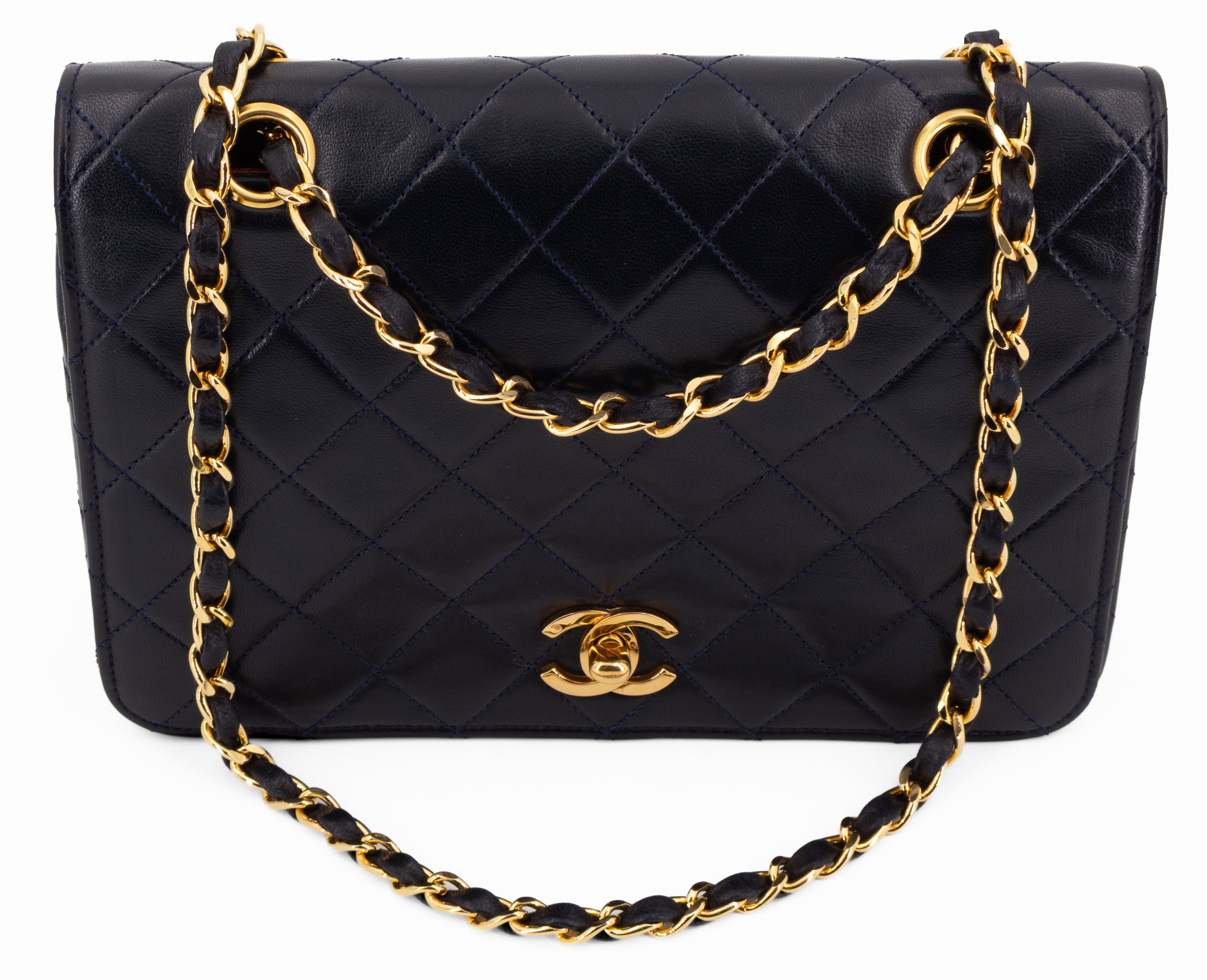 Chanel Full Flap Turn Lock Donkerblauw Navy Lamsleer Goud Hardware