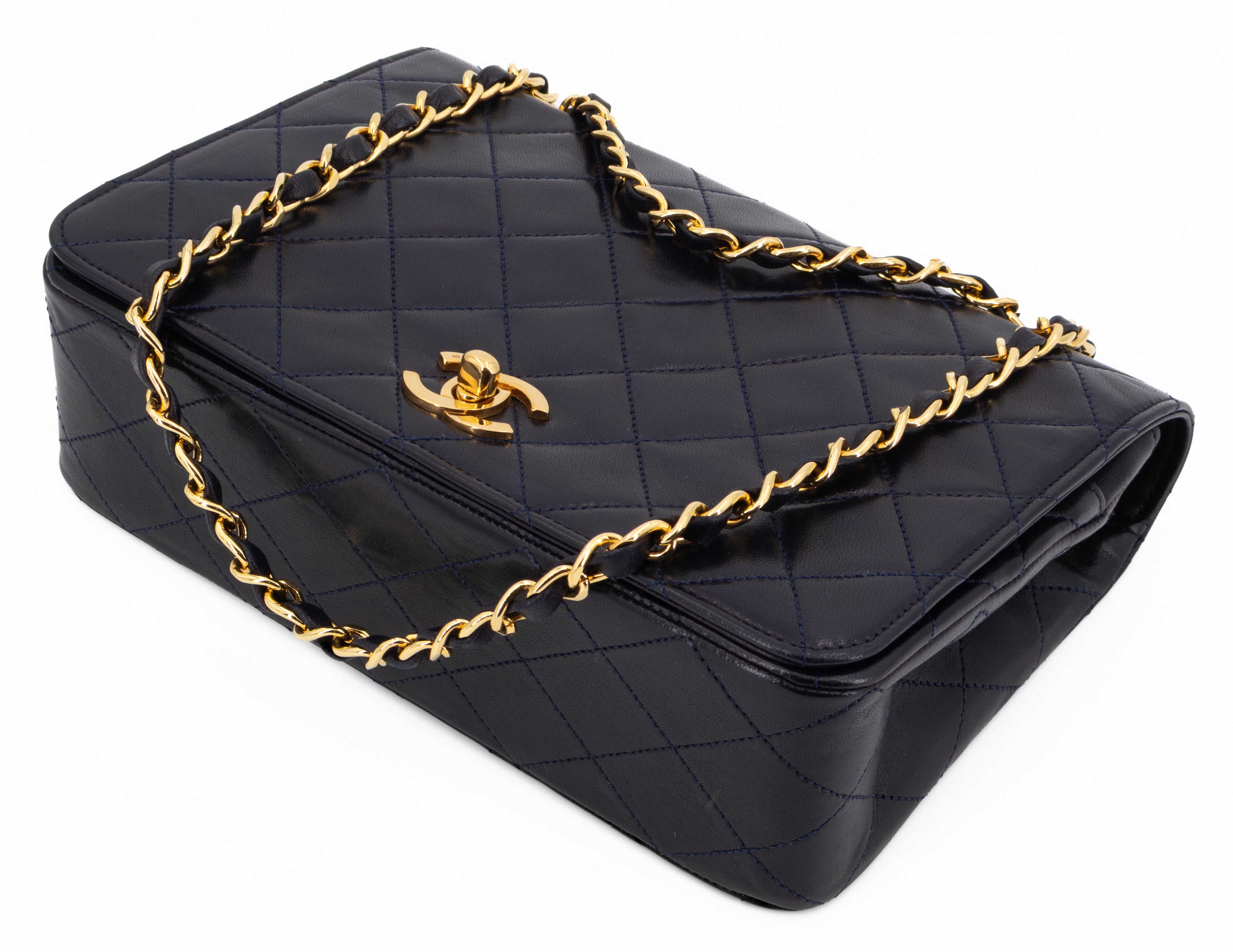 Chanel Full Flap Turn Lock Donkerblauw Navy Lamsleer Goud Hardware